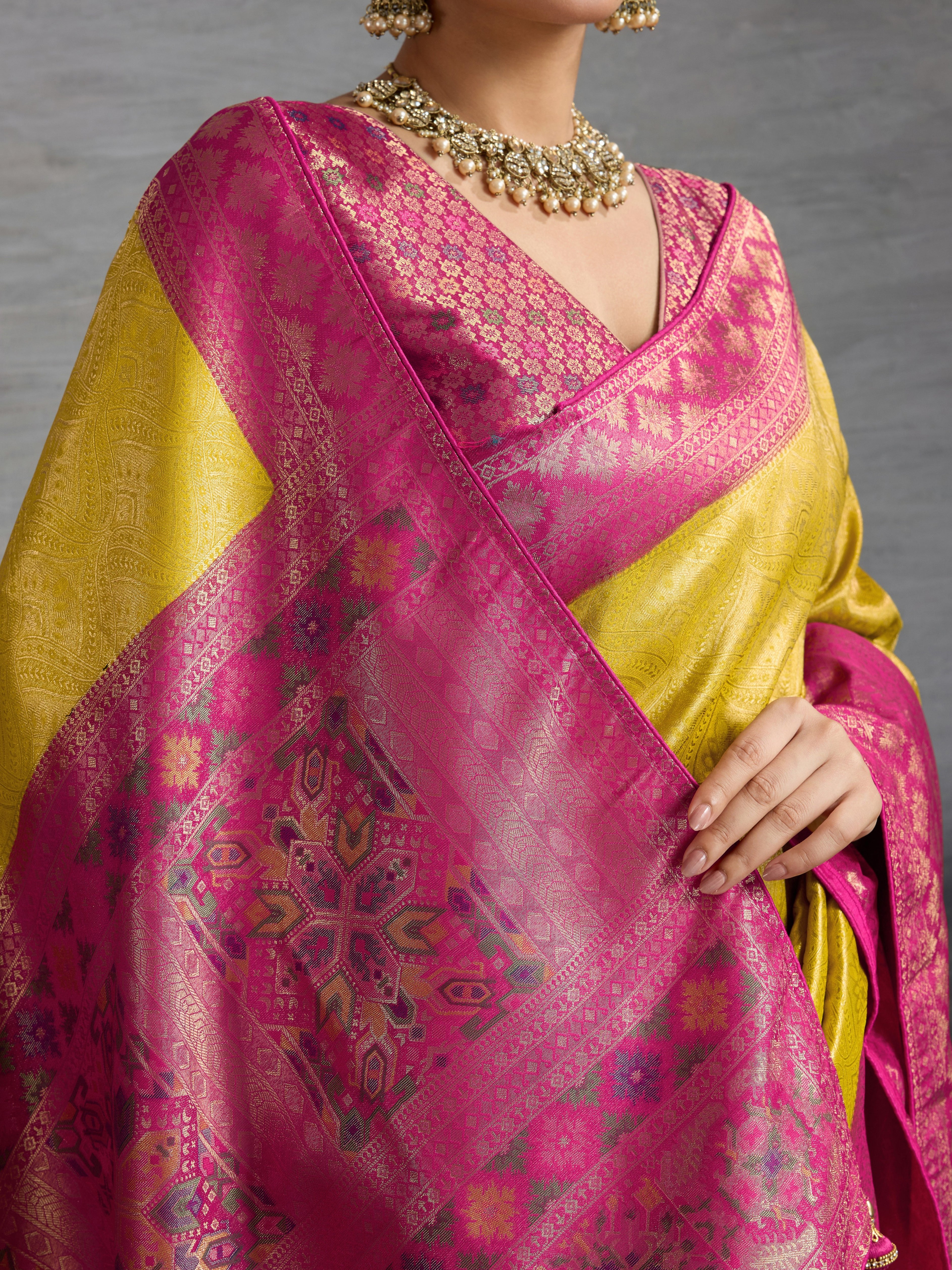 Mustard Kanjivaram Soft Silk Saree with Zari Patta and Meenakari Pallu
