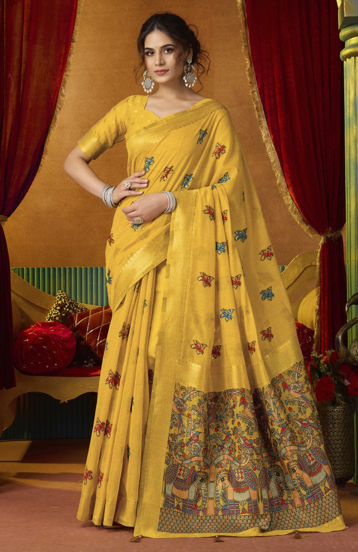 Mustard Katha Modal Saree with Elegant Mina Woven Work