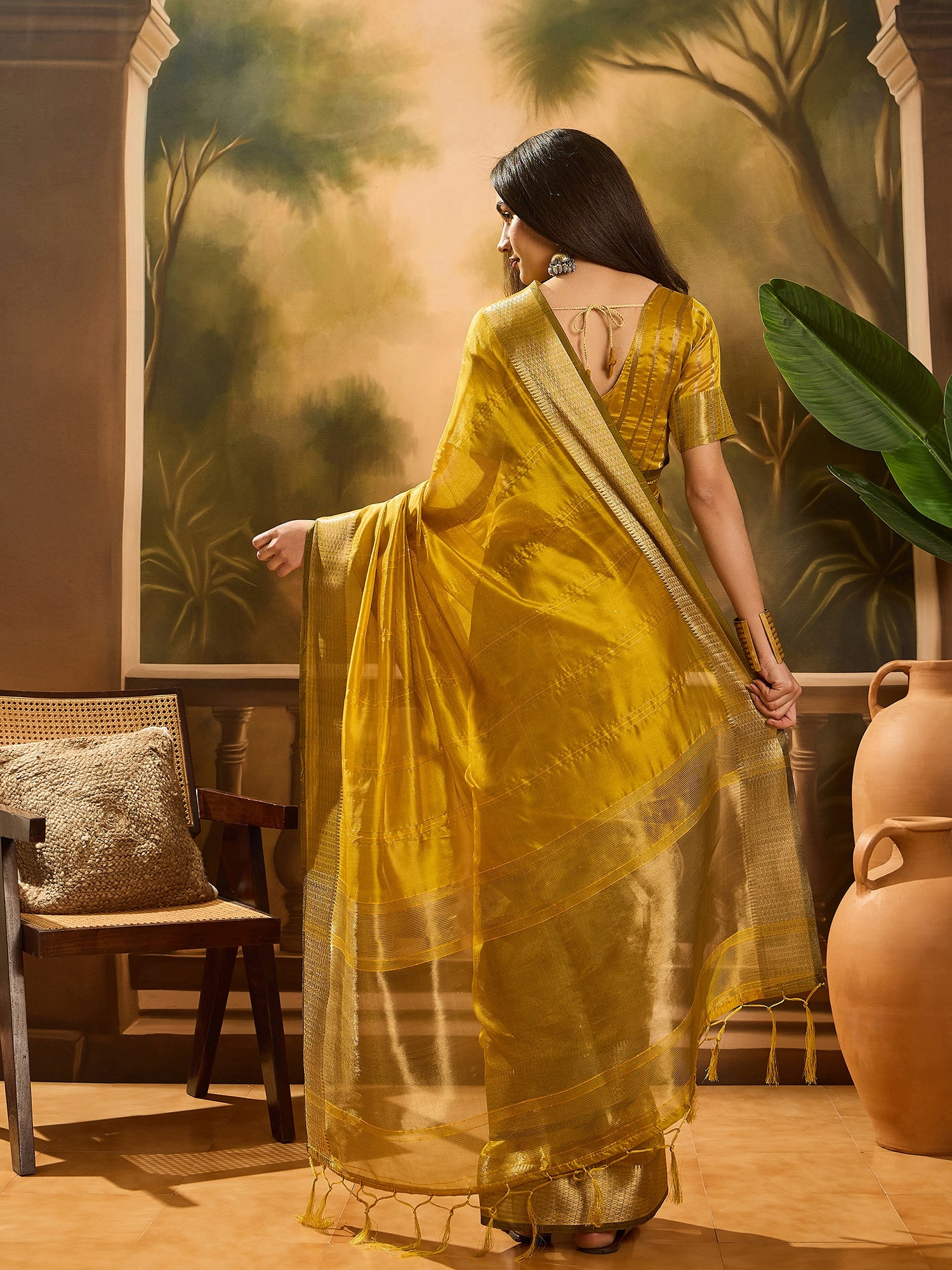 Mustard Khadi Organza Woven Jacquard Designer Ethnic Partywear Saree
