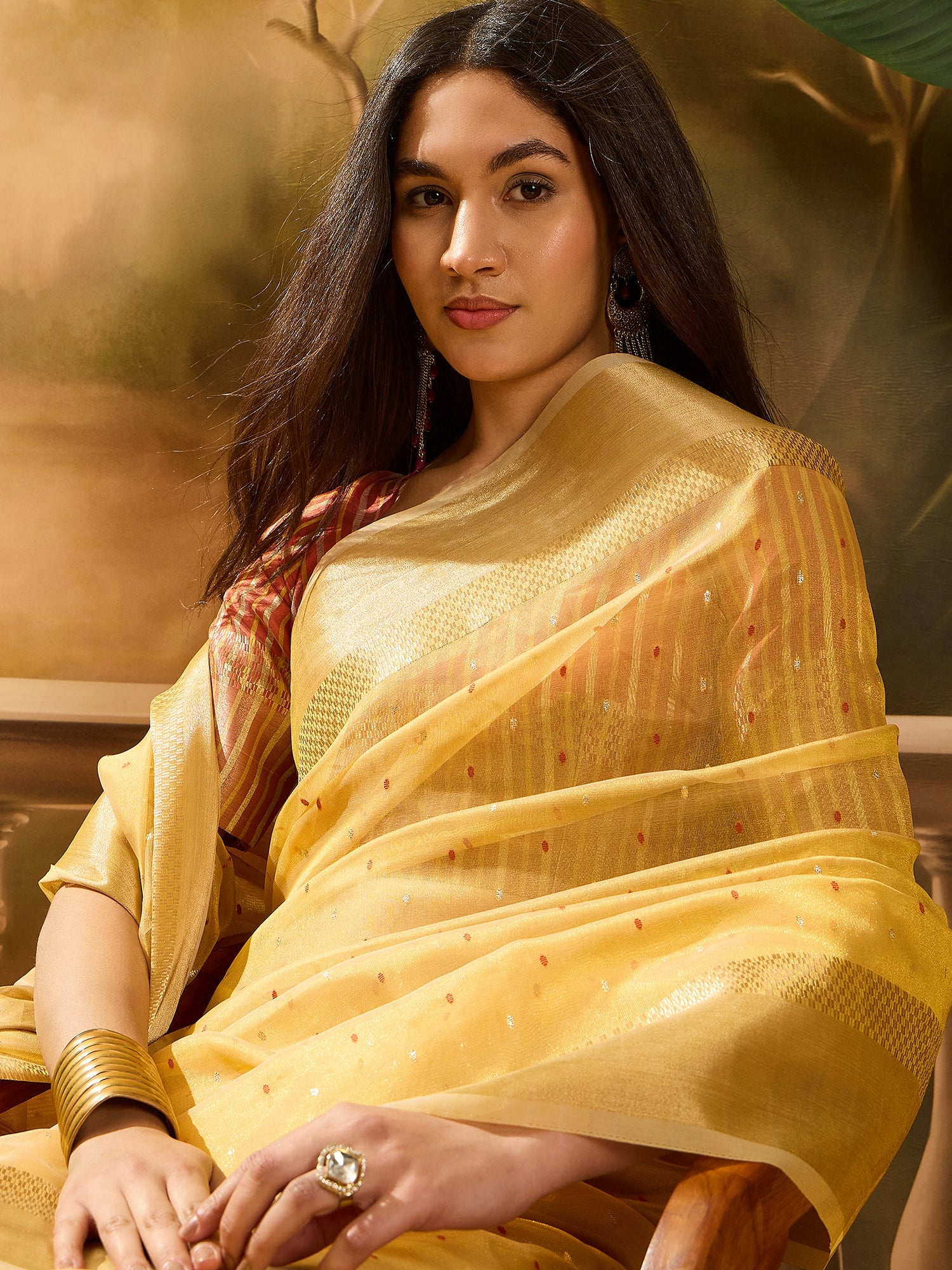 Mustard Khadi Organza Woven Jacquard Designer Ethnic Partywear Saree