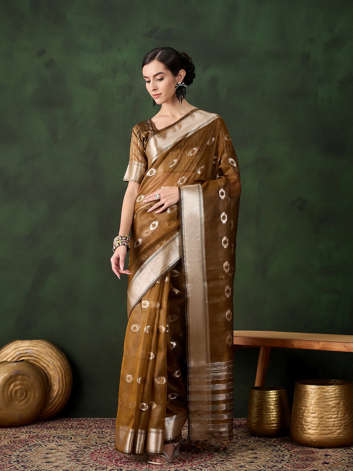 Mustard Khadi Organza Woven Jacquard Designer Graceful Traditional Saree