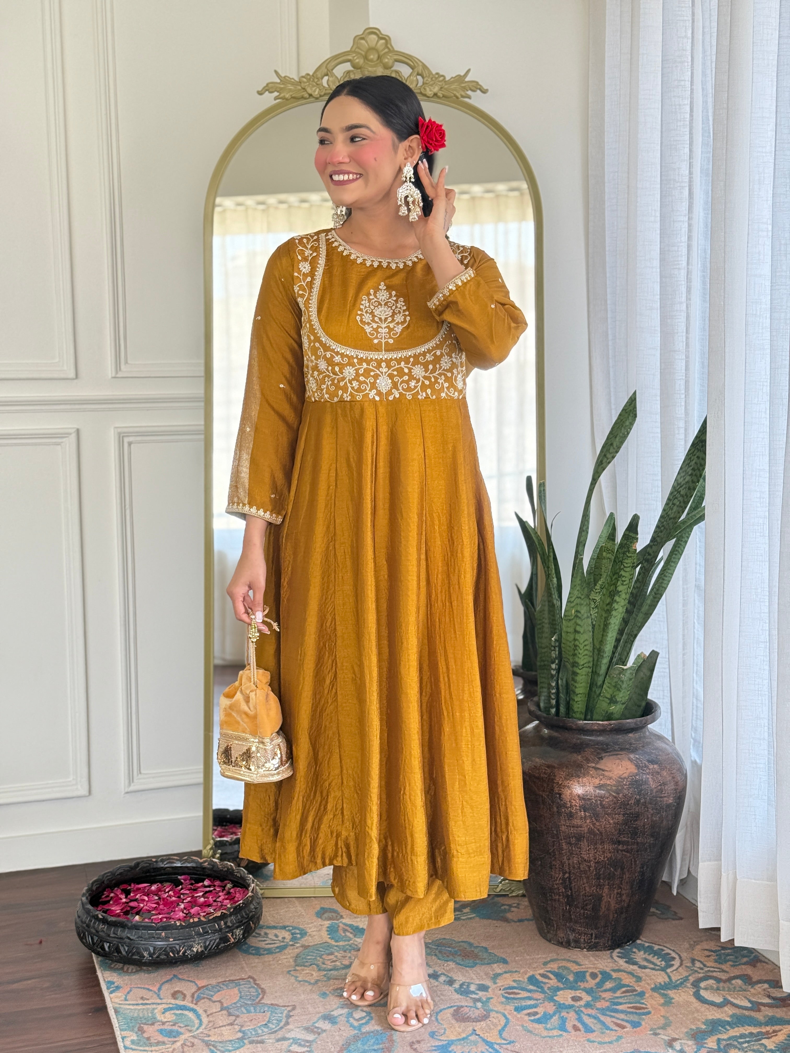 Mustard Kurta Pant Set With Heavy Thread Embroidery Sequins Work