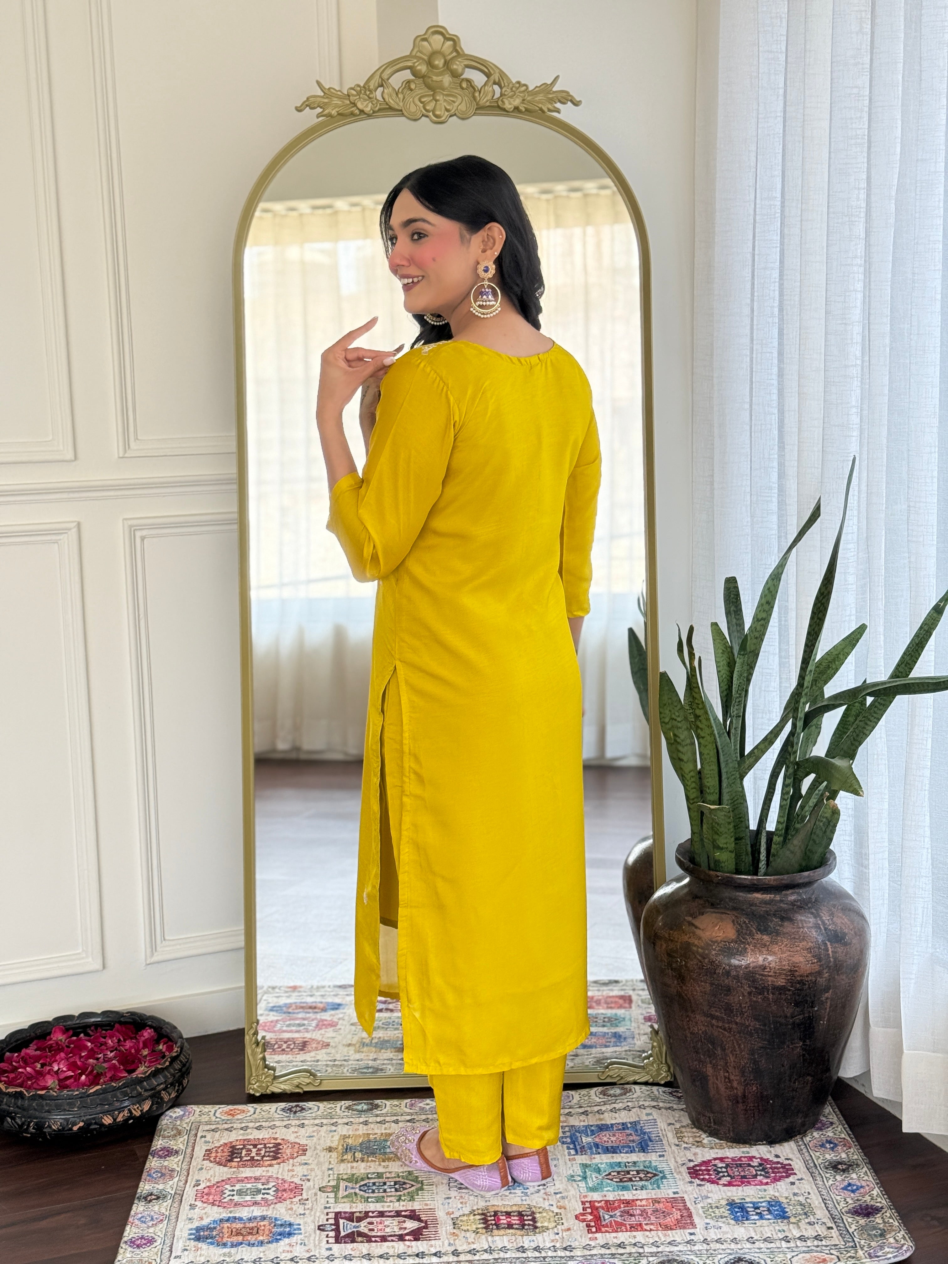 Mustard Kurta Pant Set With Heavy Thread Embroidery Sequins Work With Printed Dupatta