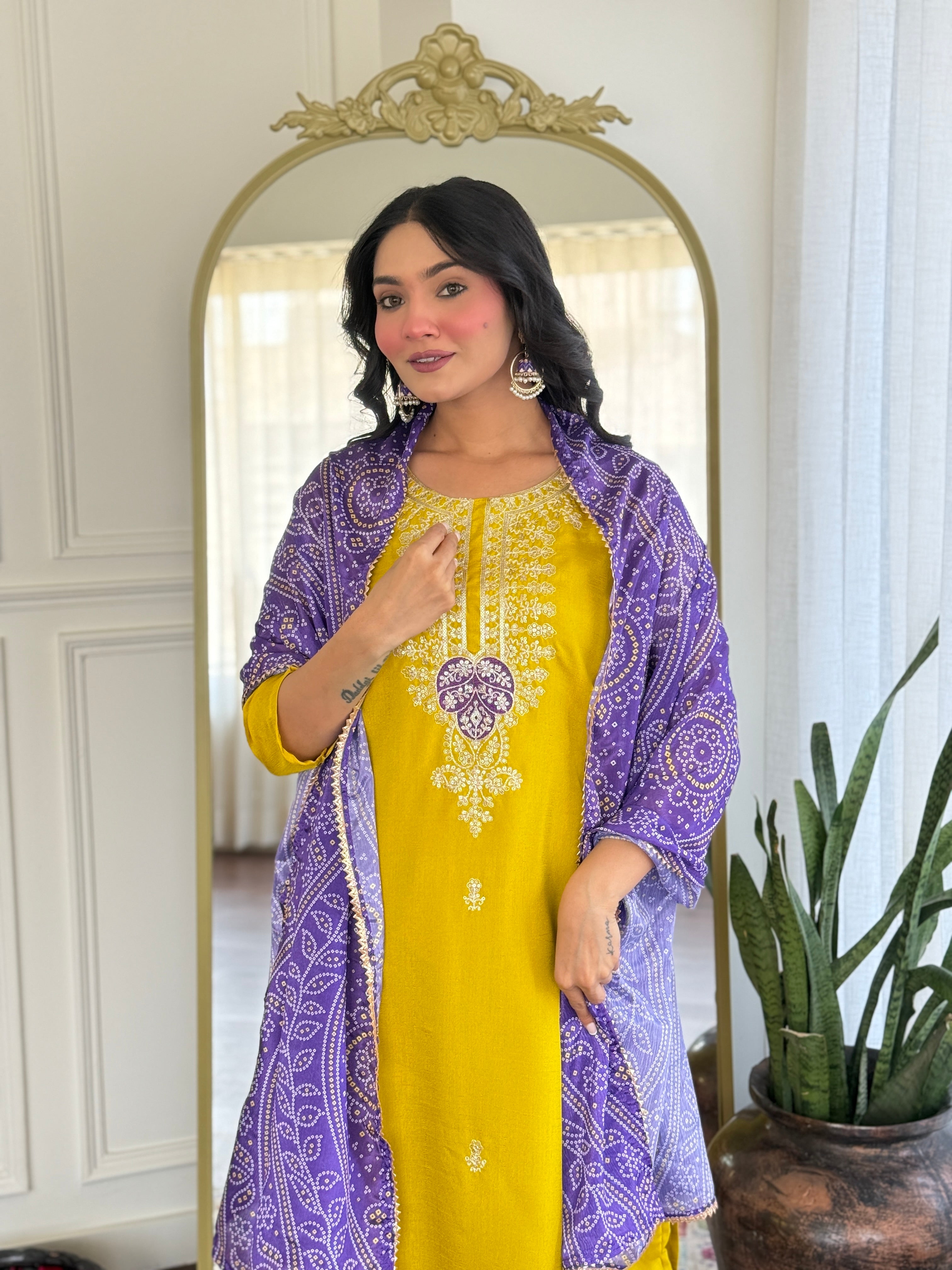 Mustard Kurta Pant Set With Heavy Thread Embroidery Sequins Work With Printed Dupatta