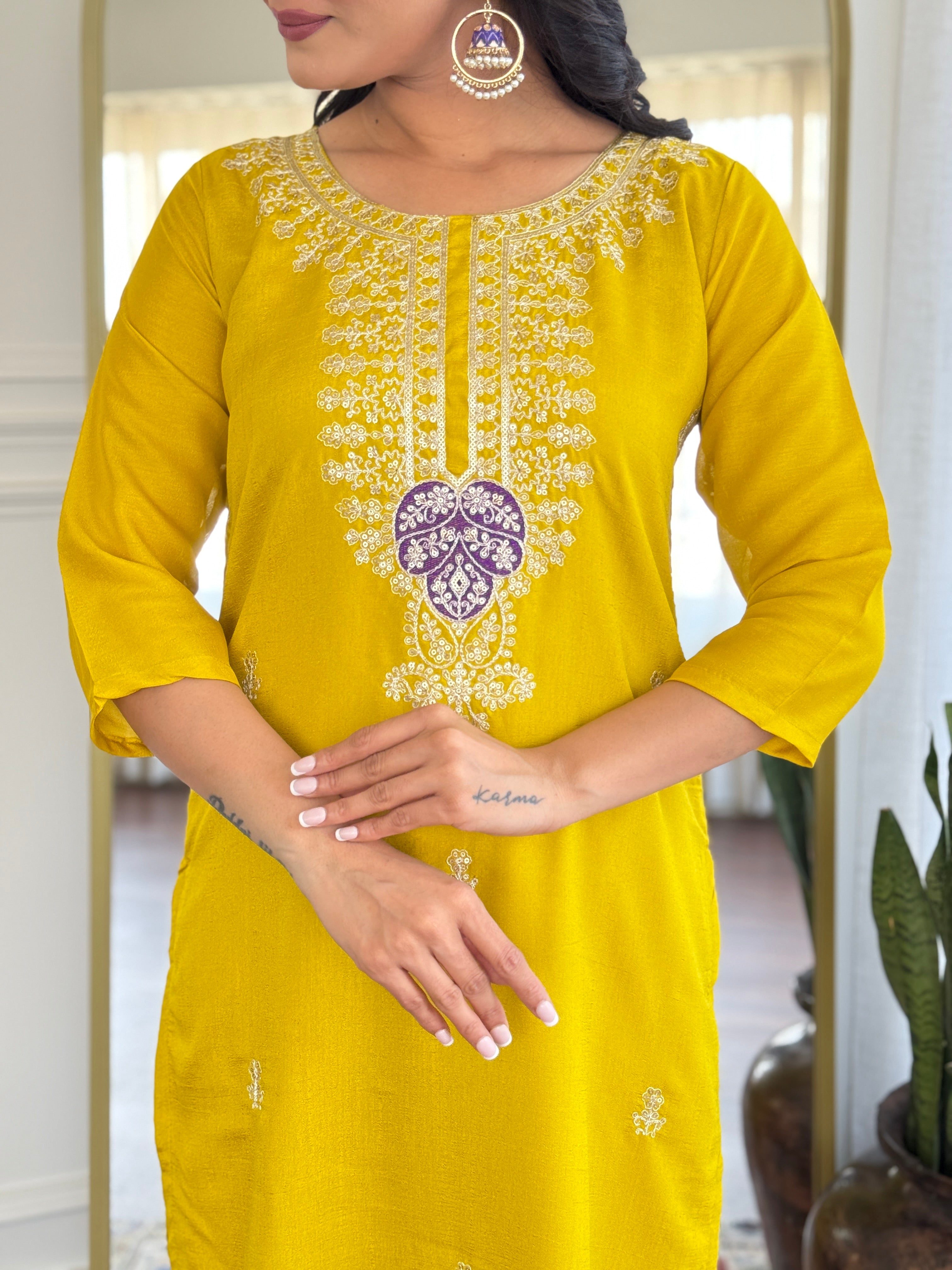 Mustard Kurta Pant Set With Heavy Thread Embroidery Sequins Work With Printed Dupatta