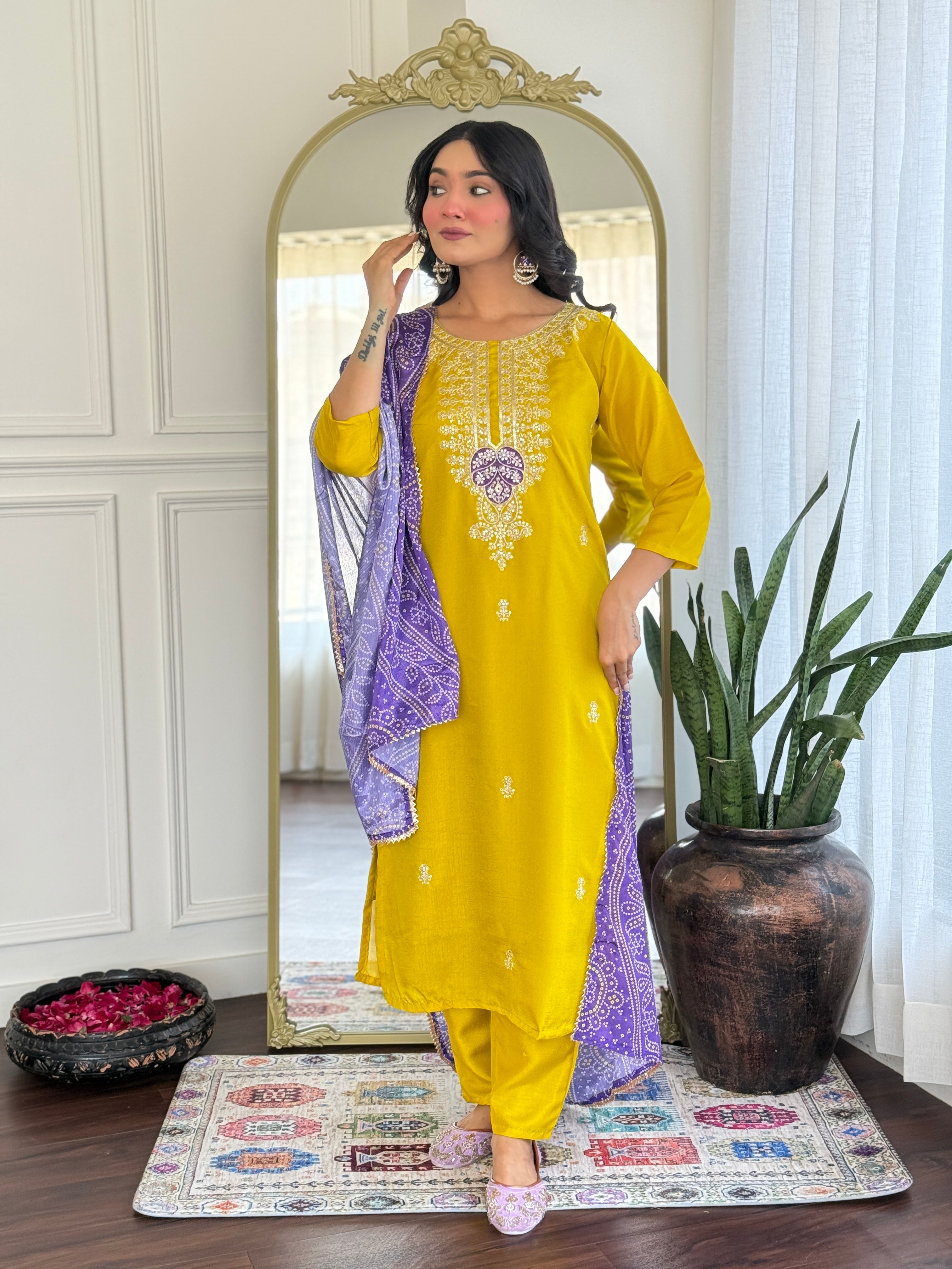 Mustard Kurta Pant Set With Heavy Thread Embroidery Sequins Work With Printed Dupatta