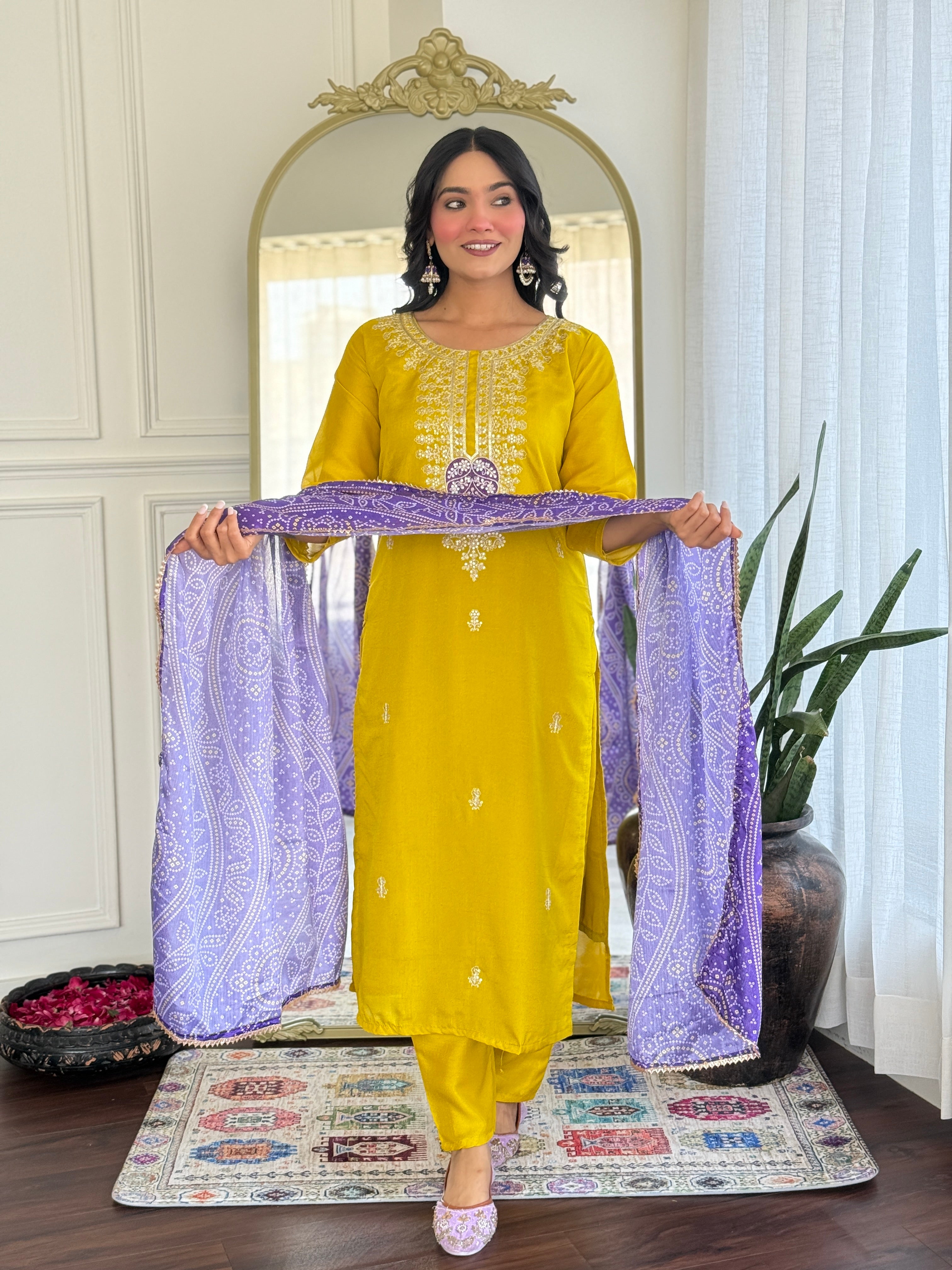 Mustard Kurta Pant Set With Heavy Thread Embroidery Sequins Work With Printed Dupatta