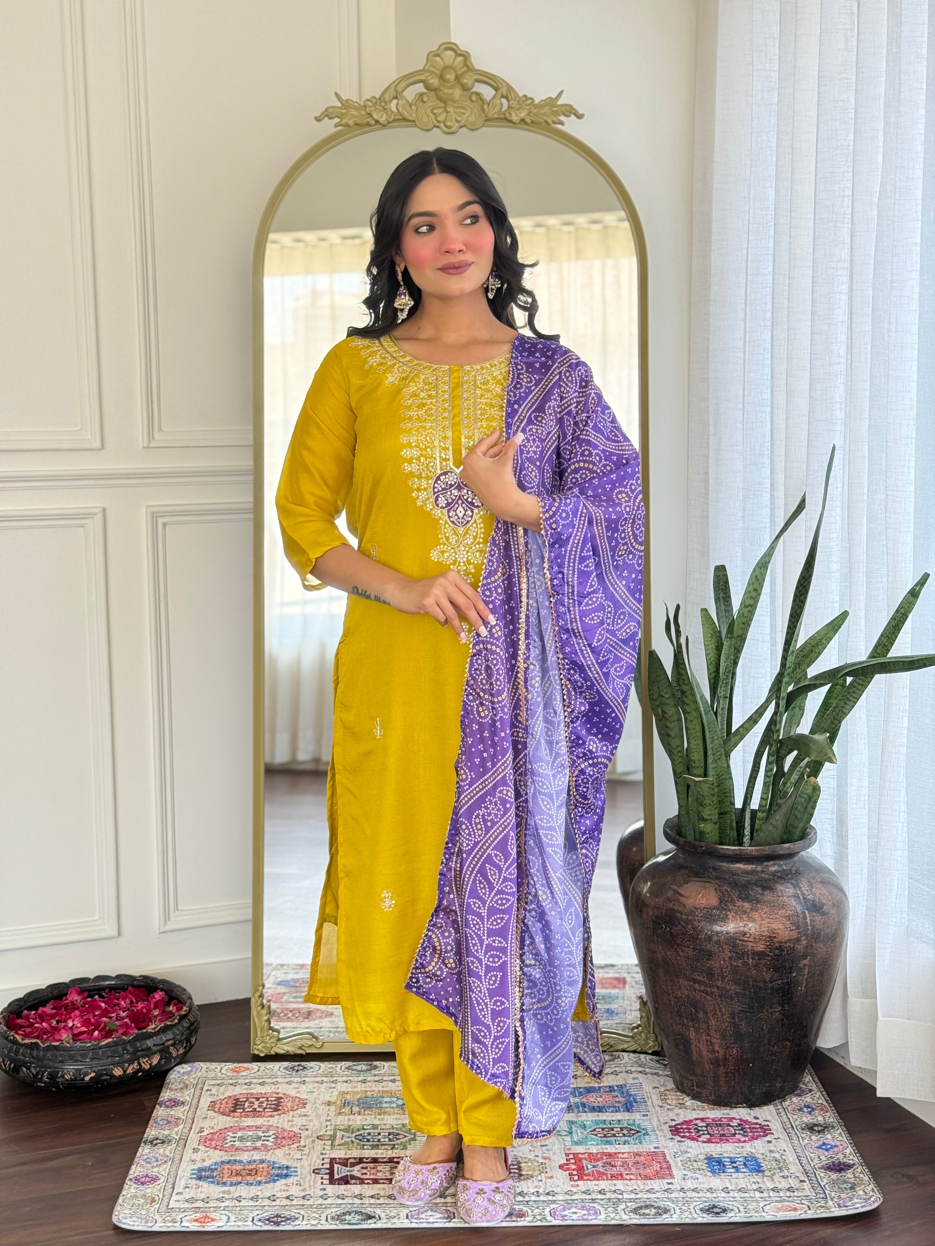 Mustard Kurta Pant Set With Heavy Thread Embroidery Sequins Work With Printed Dupatta