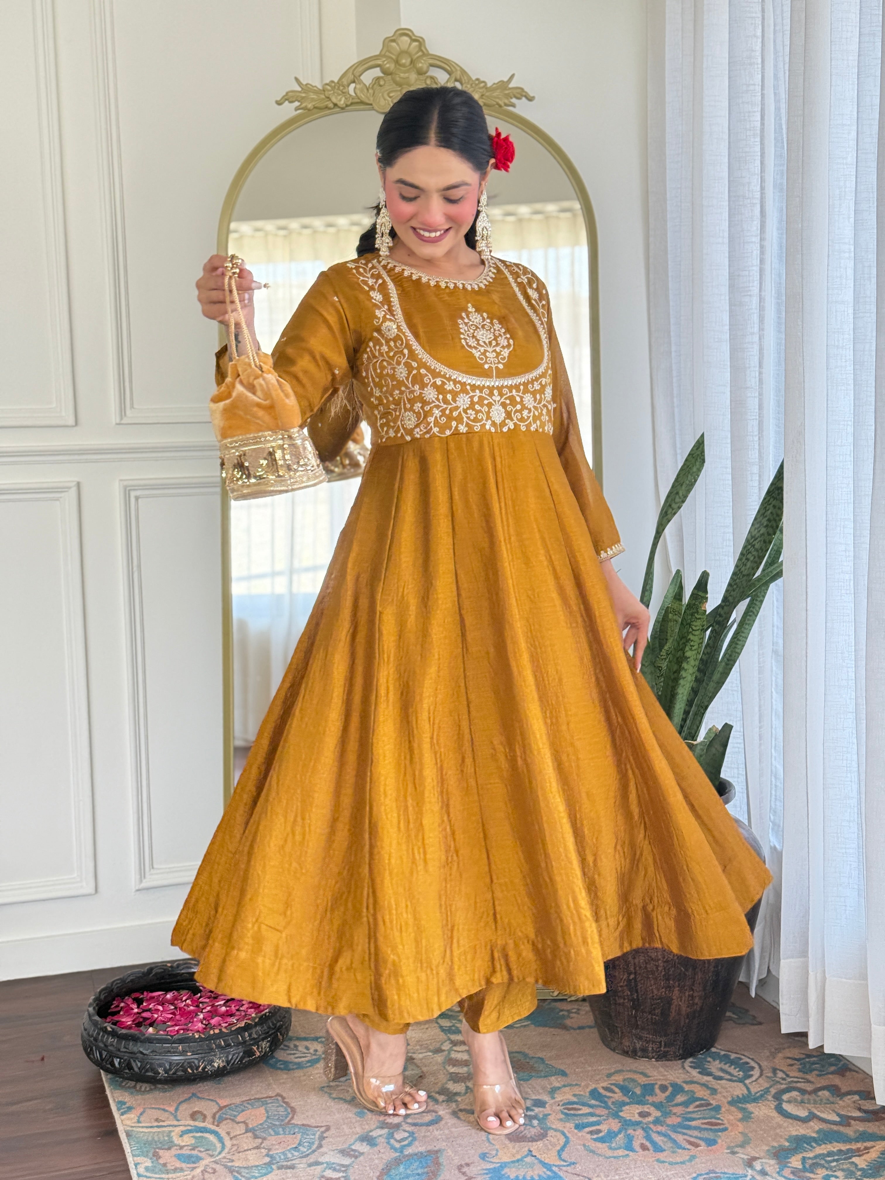 Mustard Kurta Pant Set With Heavy Thread Embroidery Sequins Work