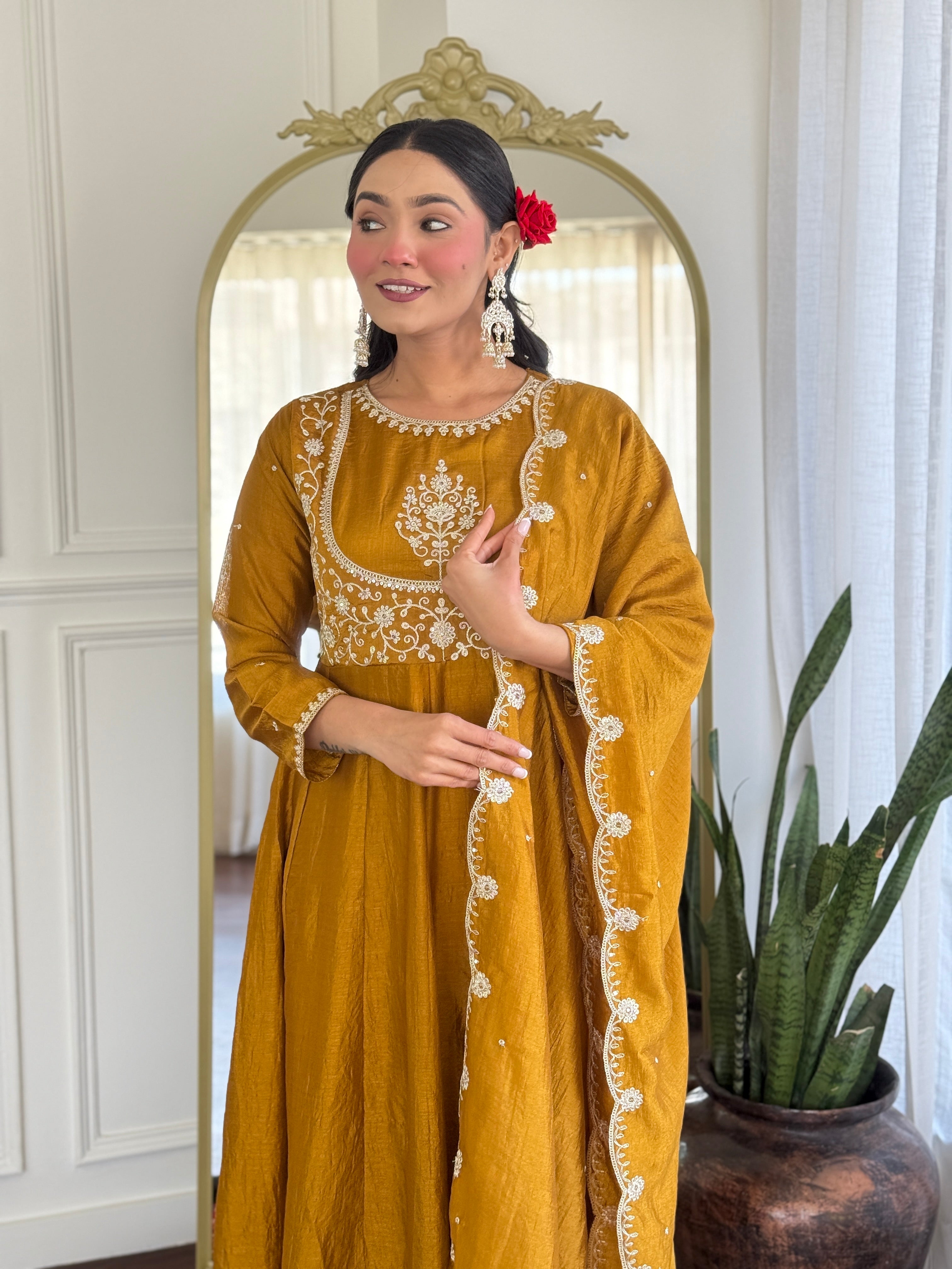 Mustard Kurta Pant Set With Heavy Thread Embroidery Sequins Work