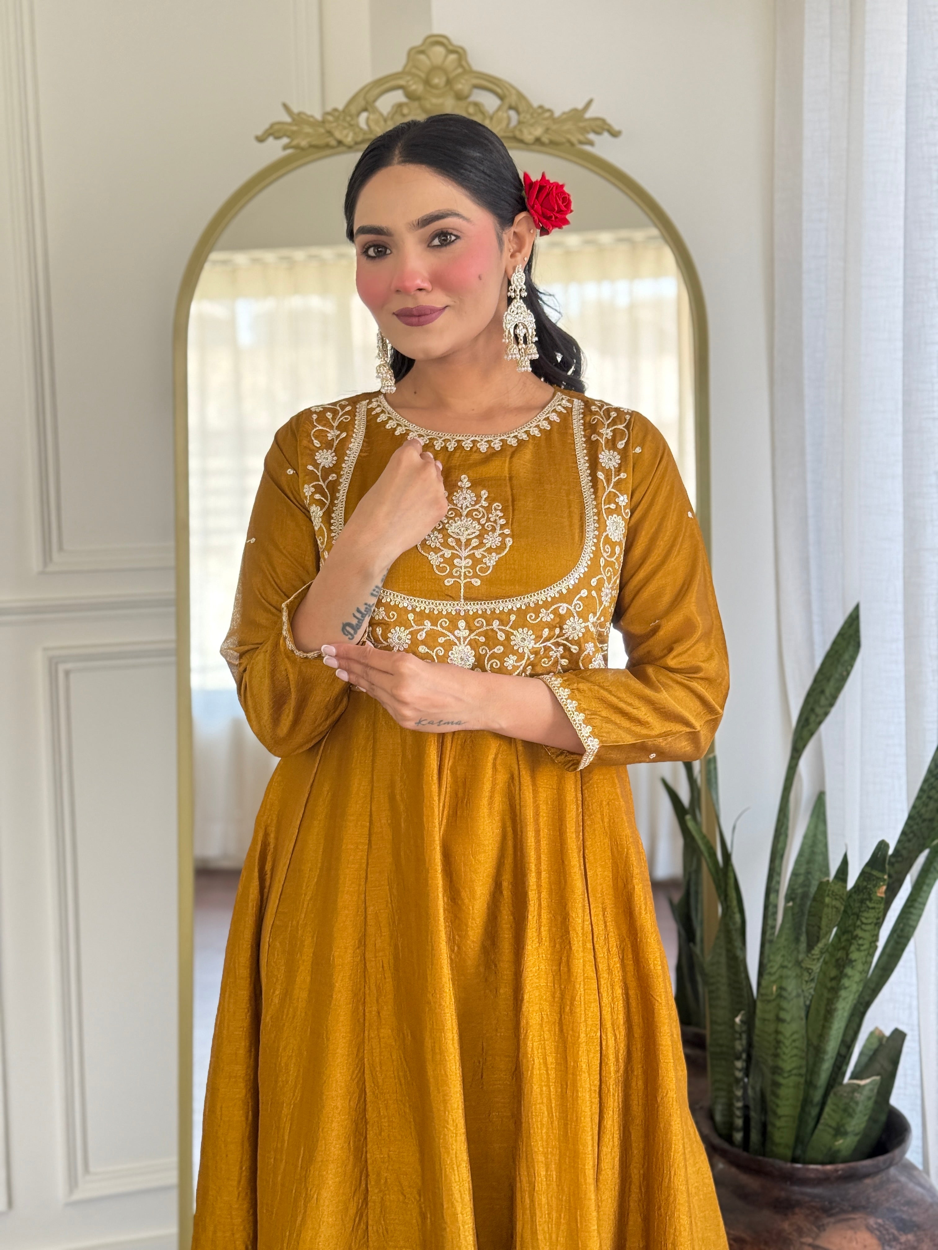 Mustard Kurta Pant Set With Heavy Thread Embroidery Sequins Work