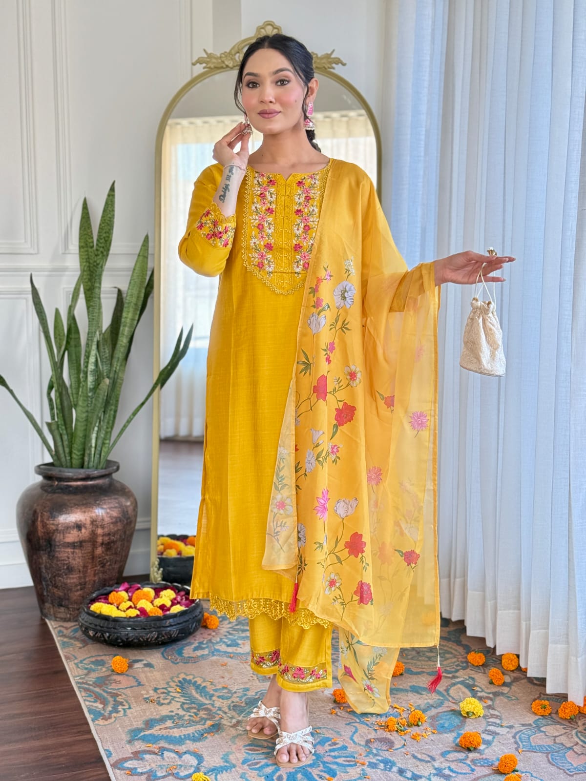Mustard Kurta Pant Set With Heavy Thread Embroidery Work With Printed Dupatta