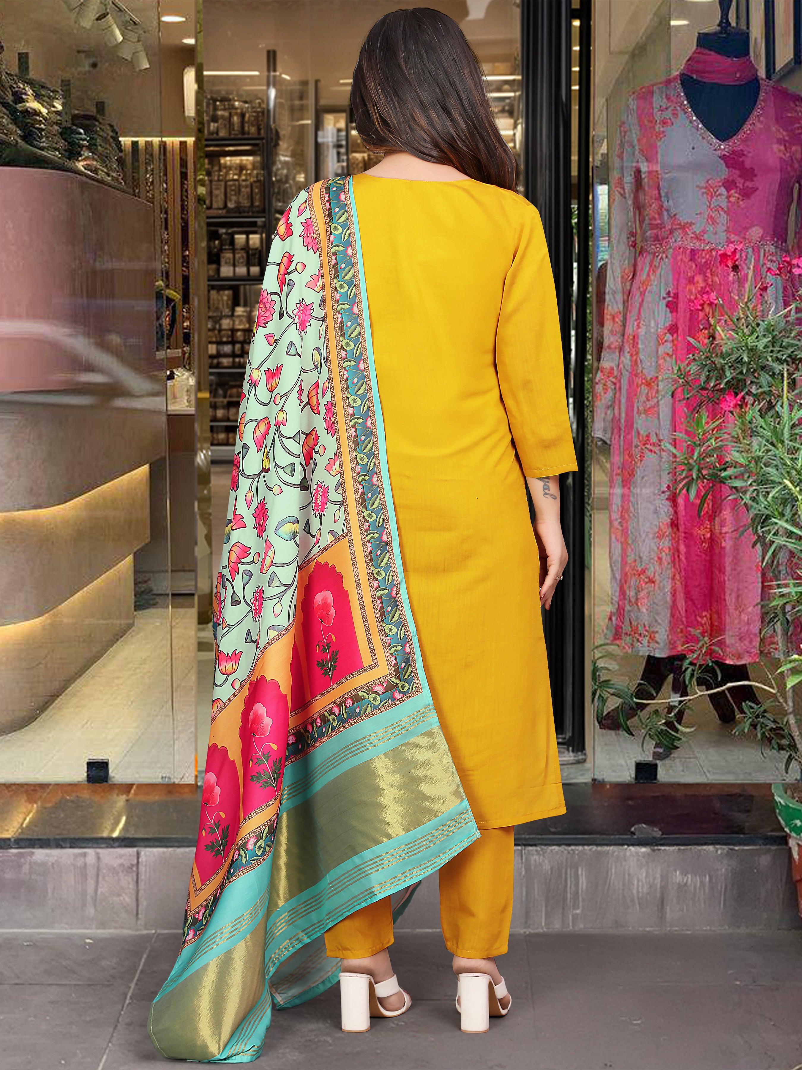 Mustard Kurta Pant Set With Heavy Thread Embroidery Work With Printed Dupatta