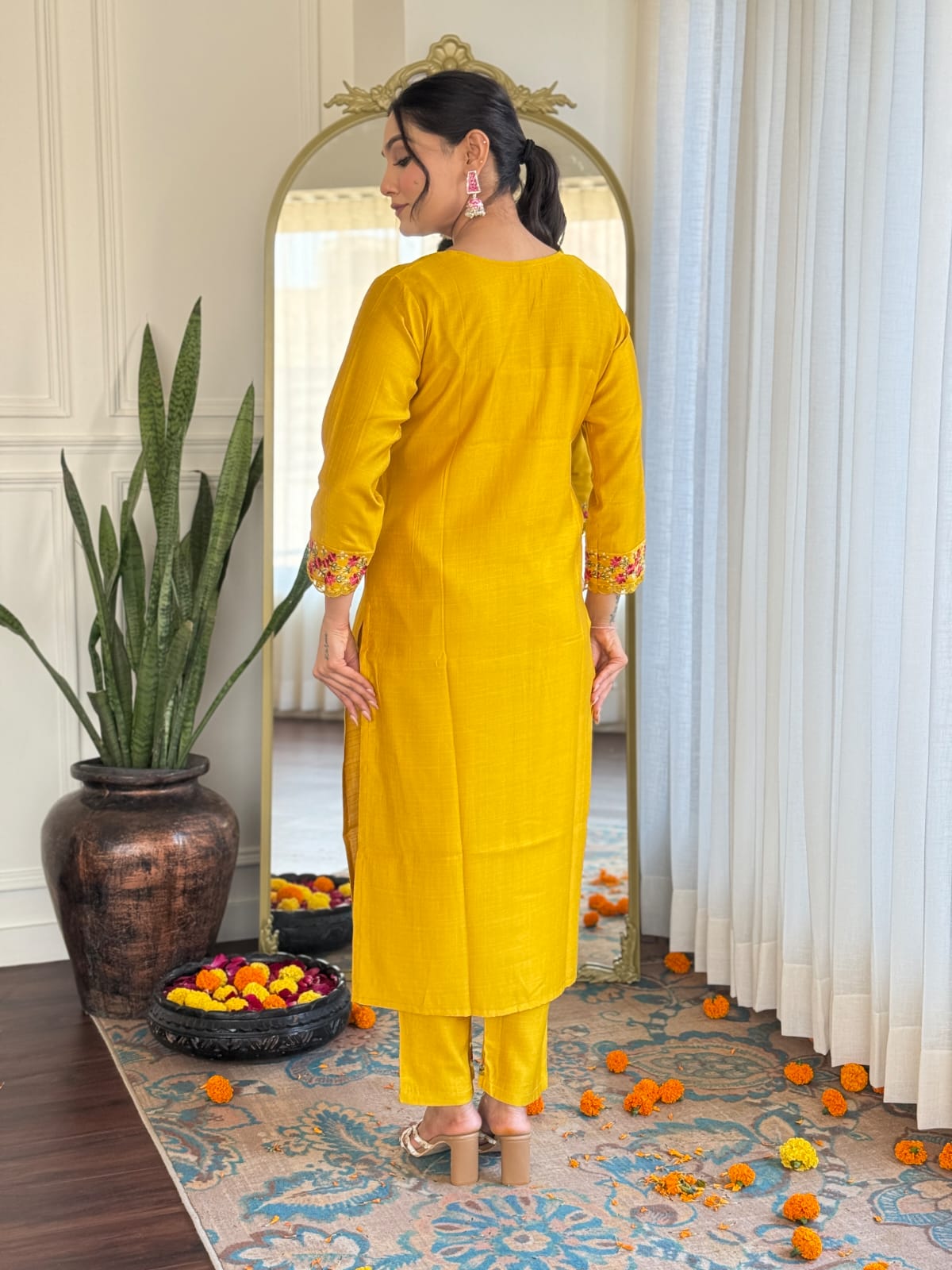 Mustard Kurta Pant Set With Heavy Thread Embroidery Work With Printed Dupatta