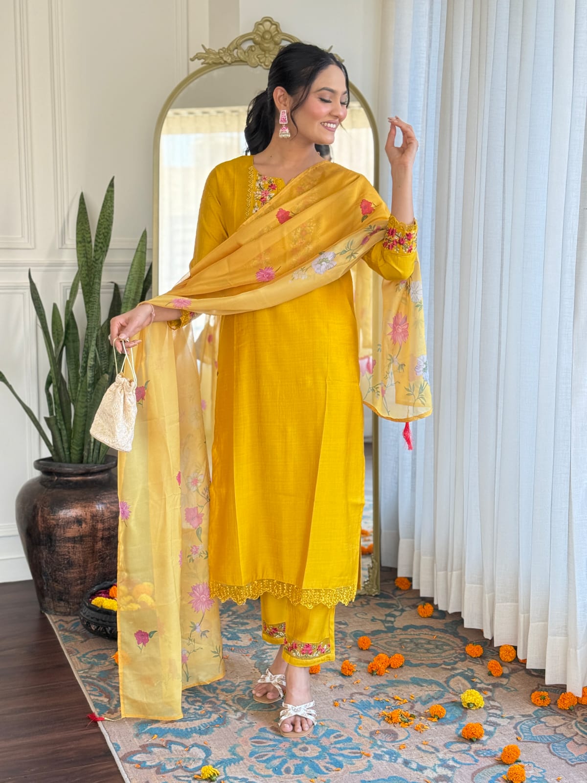 Mustard Kurta Pant Set With Heavy Thread Embroidery Work With Printed Dupatta