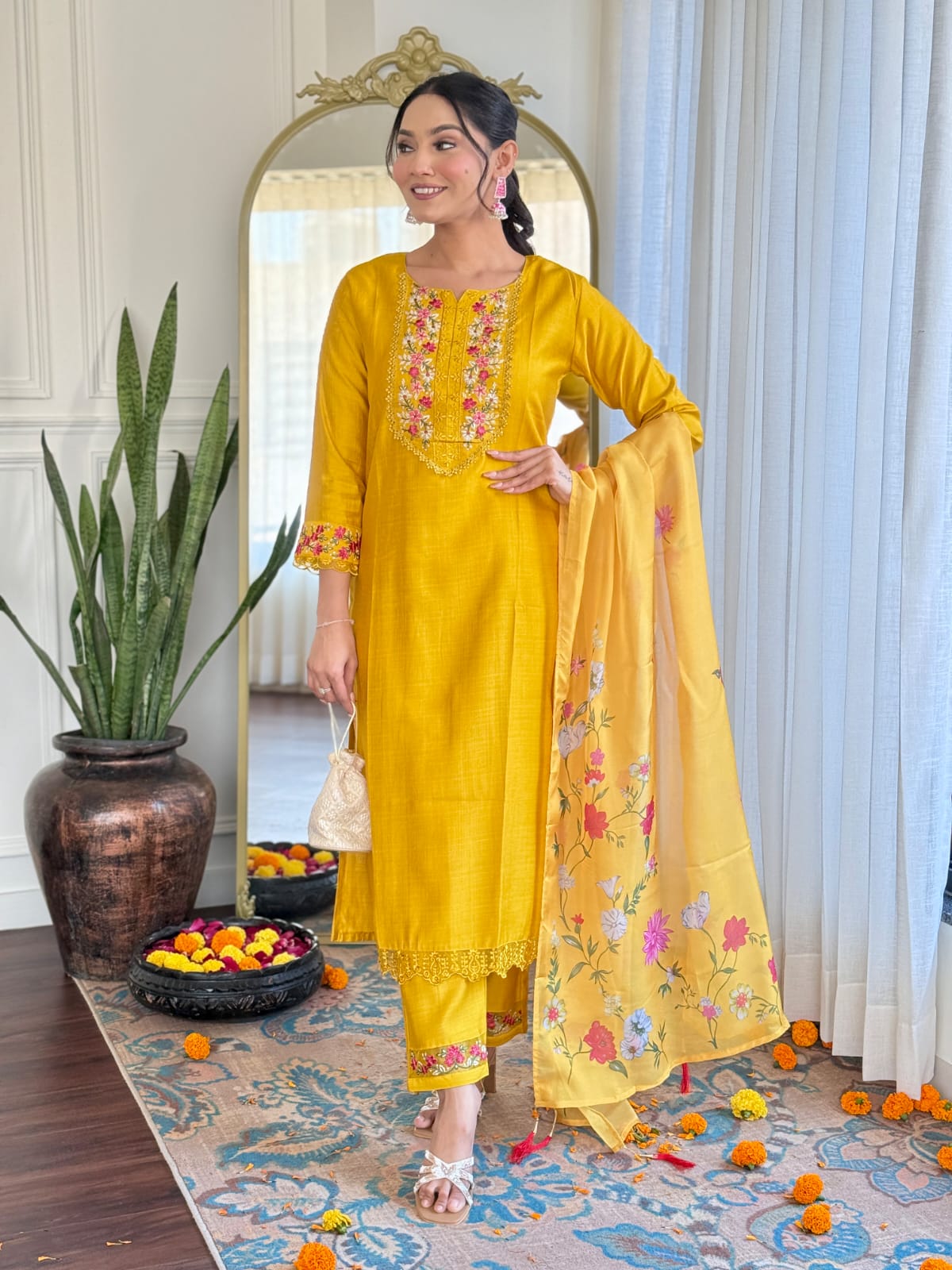 Mustard Kurta Pant Set With Heavy Thread Embroidery Work With Printed Dupatta