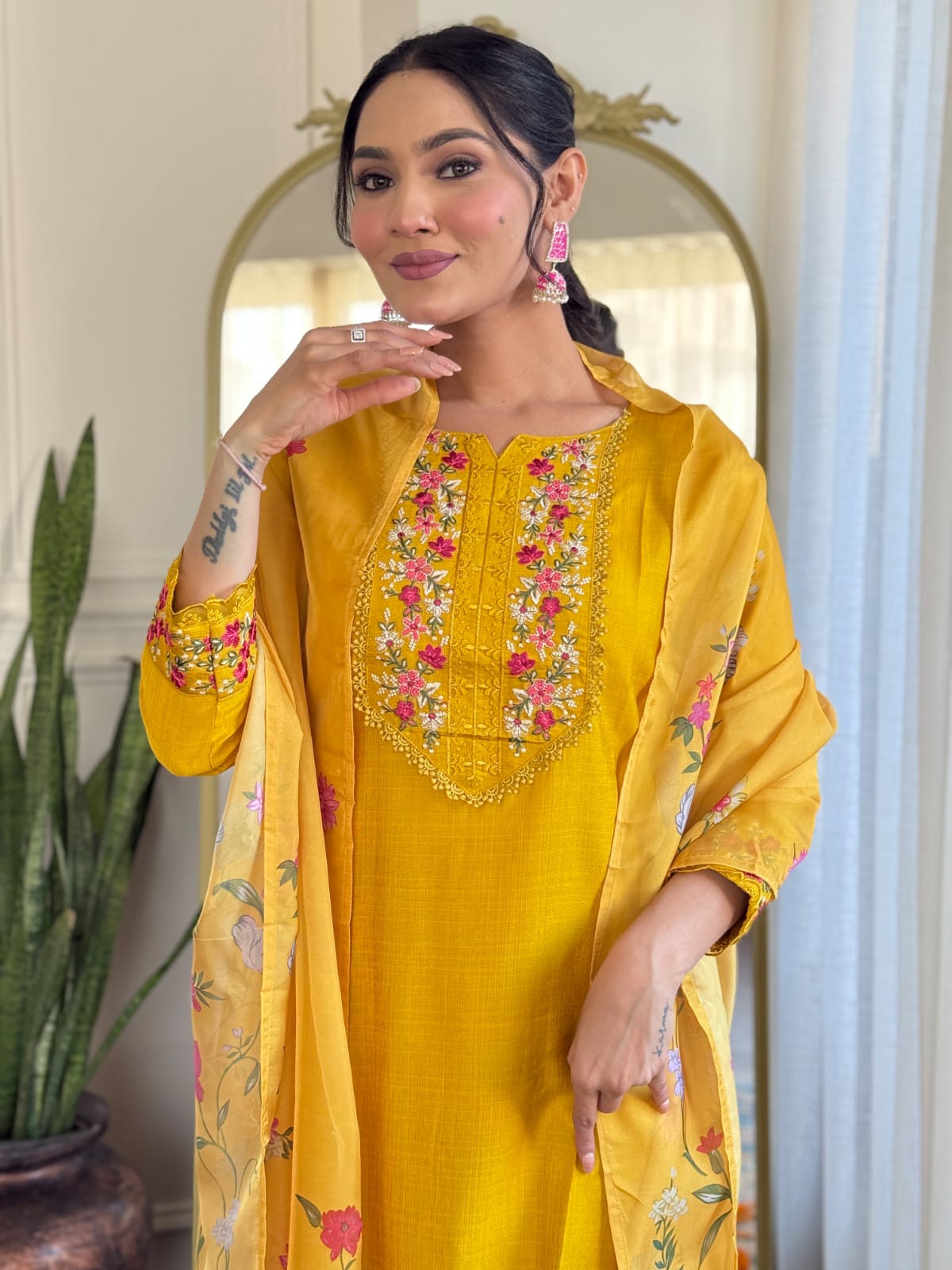 Mustard Kurta Pant Set With Heavy Thread Embroidery Work With Printed Dupatta