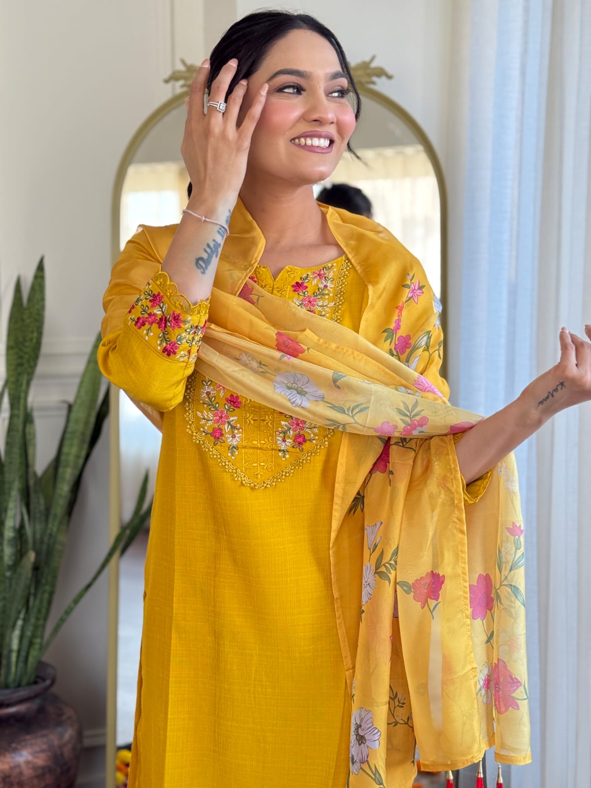 Mustard Kurta Pant Set With Heavy Thread Embroidery Work With Printed Dupatta