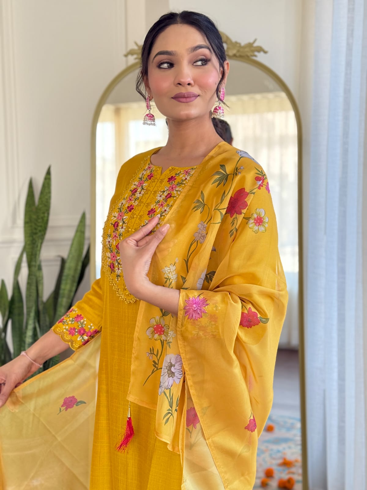 Mustard Kurta Pant Set With Heavy Thread Embroidery Work With Printed Dupatta
