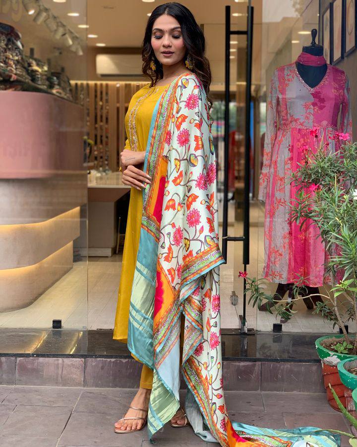 Mustard Kurta Pant Set With Heavy Thread Embroidery Work With Printed Dupatta