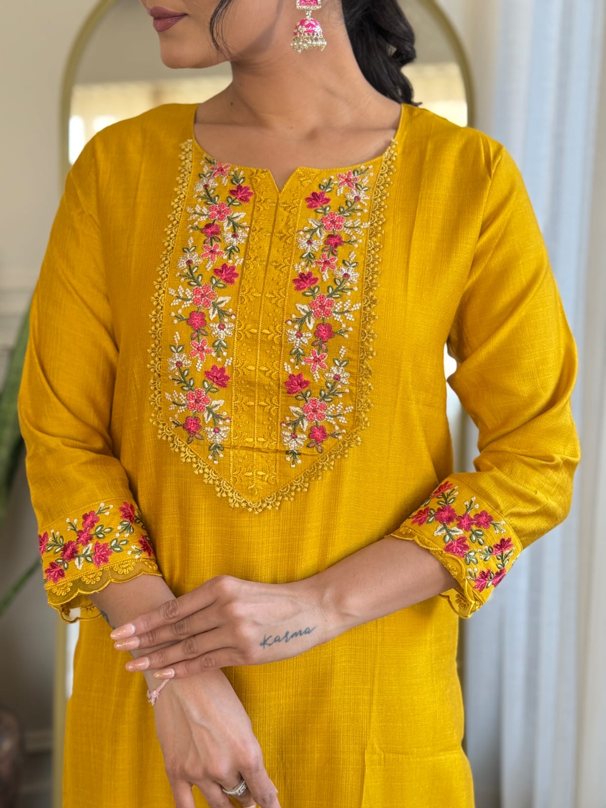 Mustard Kurta Pant Set With Heavy Thread Embroidery Work With Printed Dupatta