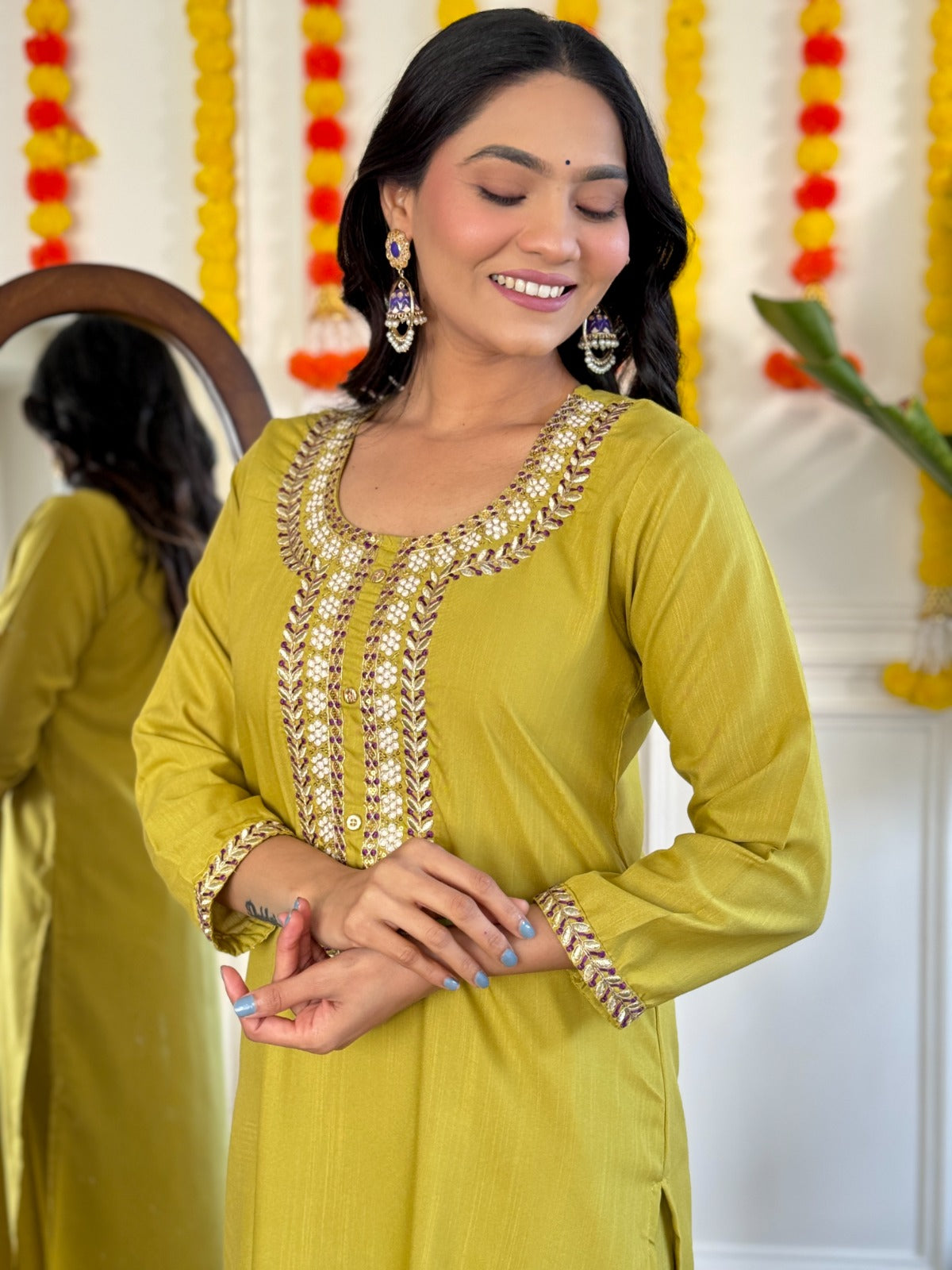 Mustard Kurta Pant Set with Heavy Thread Embroidery Work