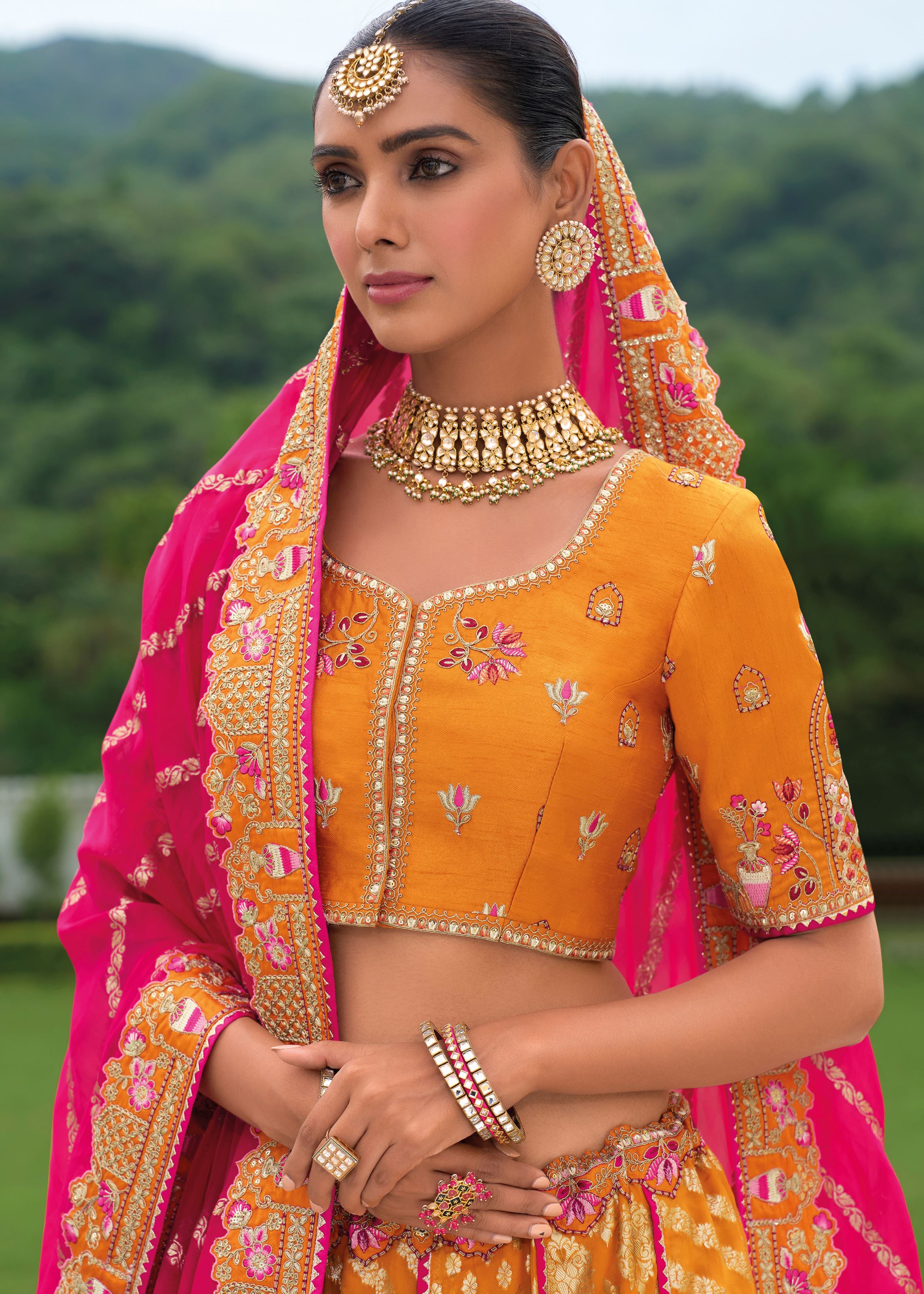 Mustard Lehenga Choli With Heavy Thread Embroidery, Khatli With Sequins Work