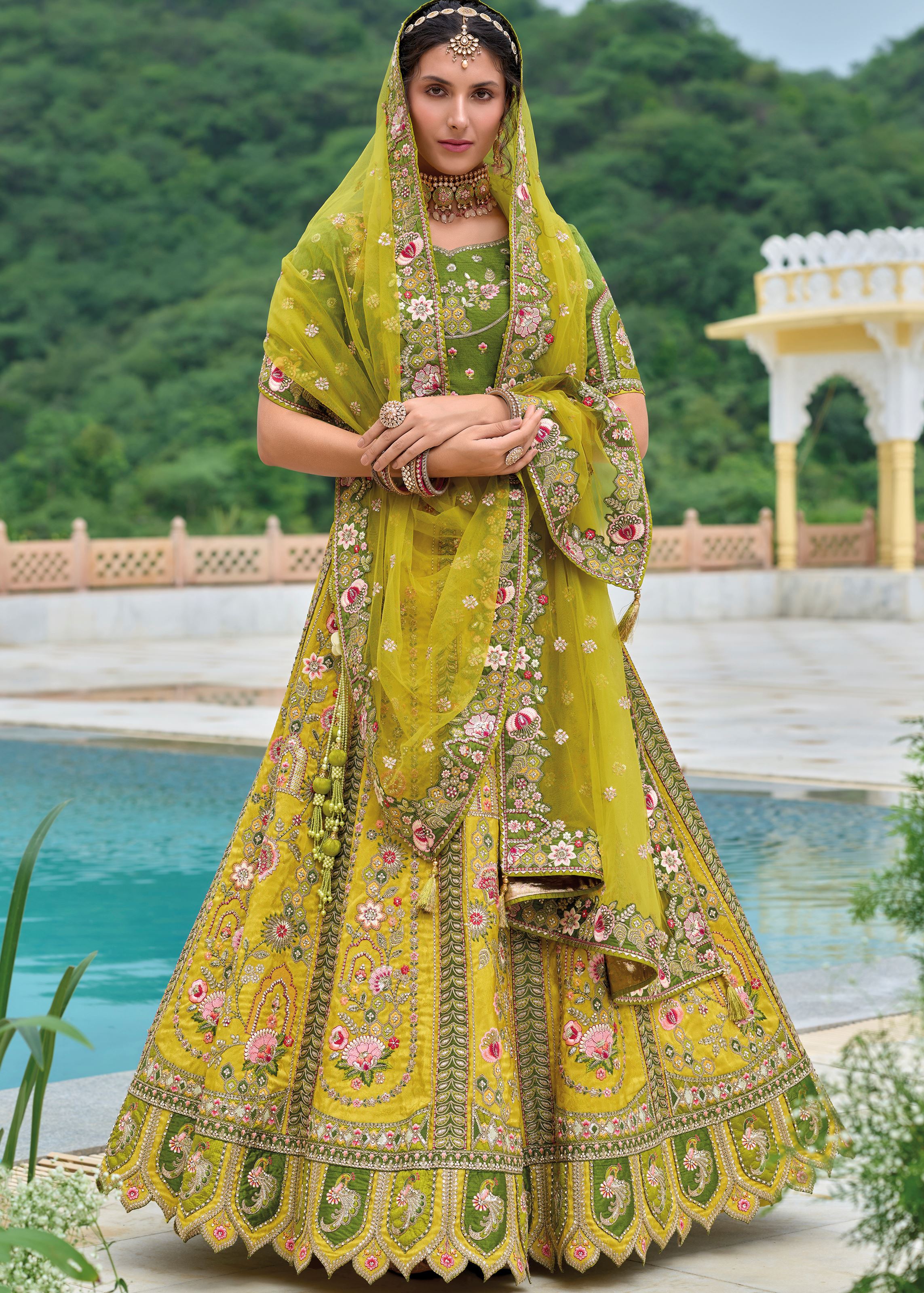 Mustard Lehenga Choli With Heavy Thread Embroidery, Zari With Sequins Work