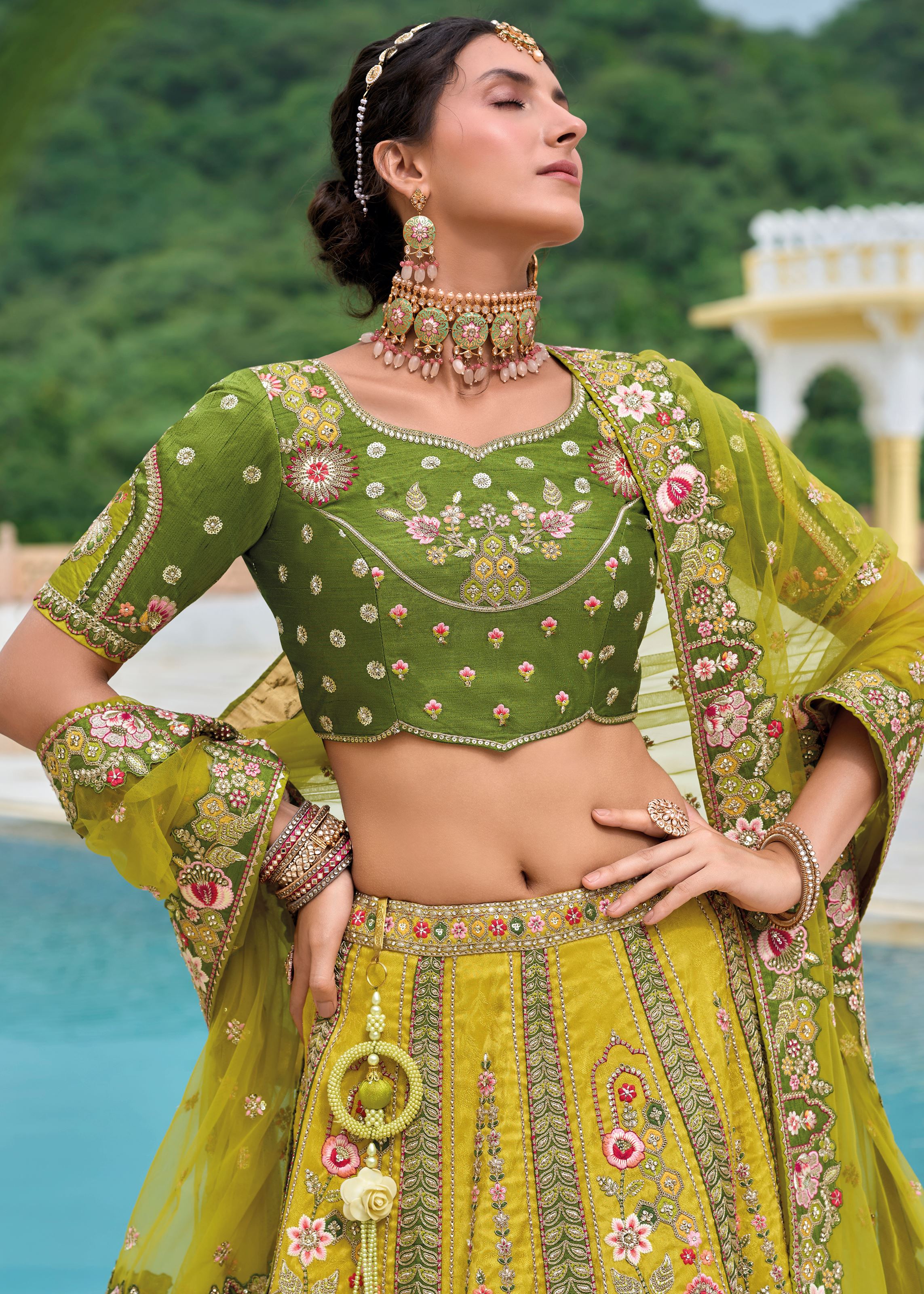 Mustard Lehenga Choli With Heavy Thread Embroidery, Zari With Sequins Work