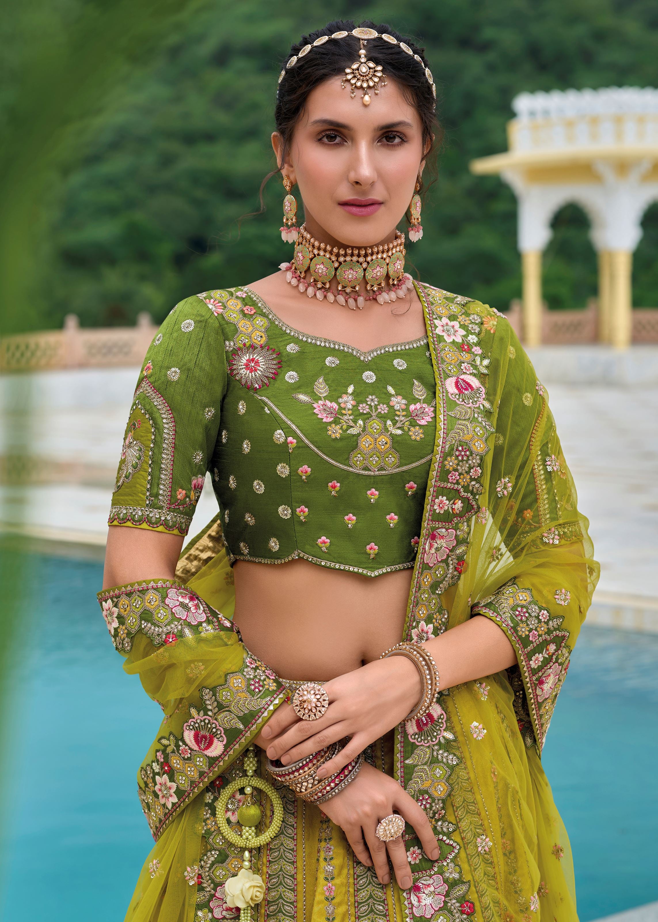 Mustard Lehenga Choli With Heavy Thread Embroidery, Zari With Sequins Work