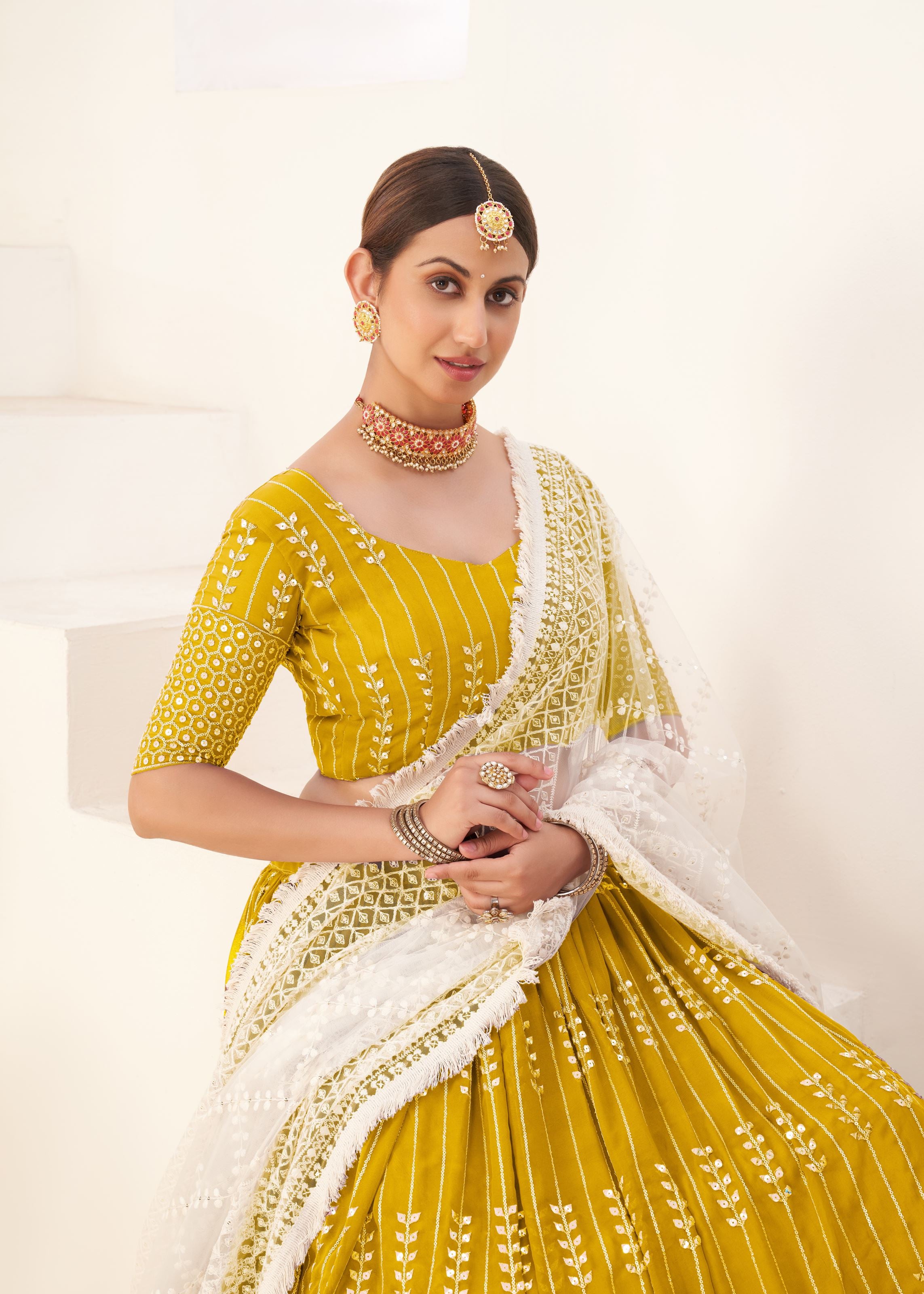 Mustard Lehenga Choli With Sequins Embroidered Work