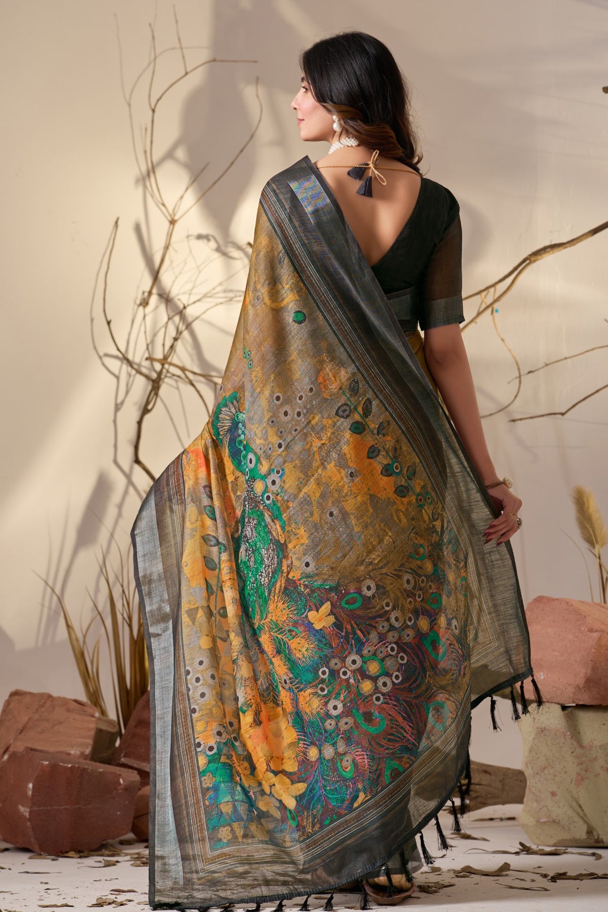Mustard Linen Cotton Saree With Digital Printed Festive Traditional Saree