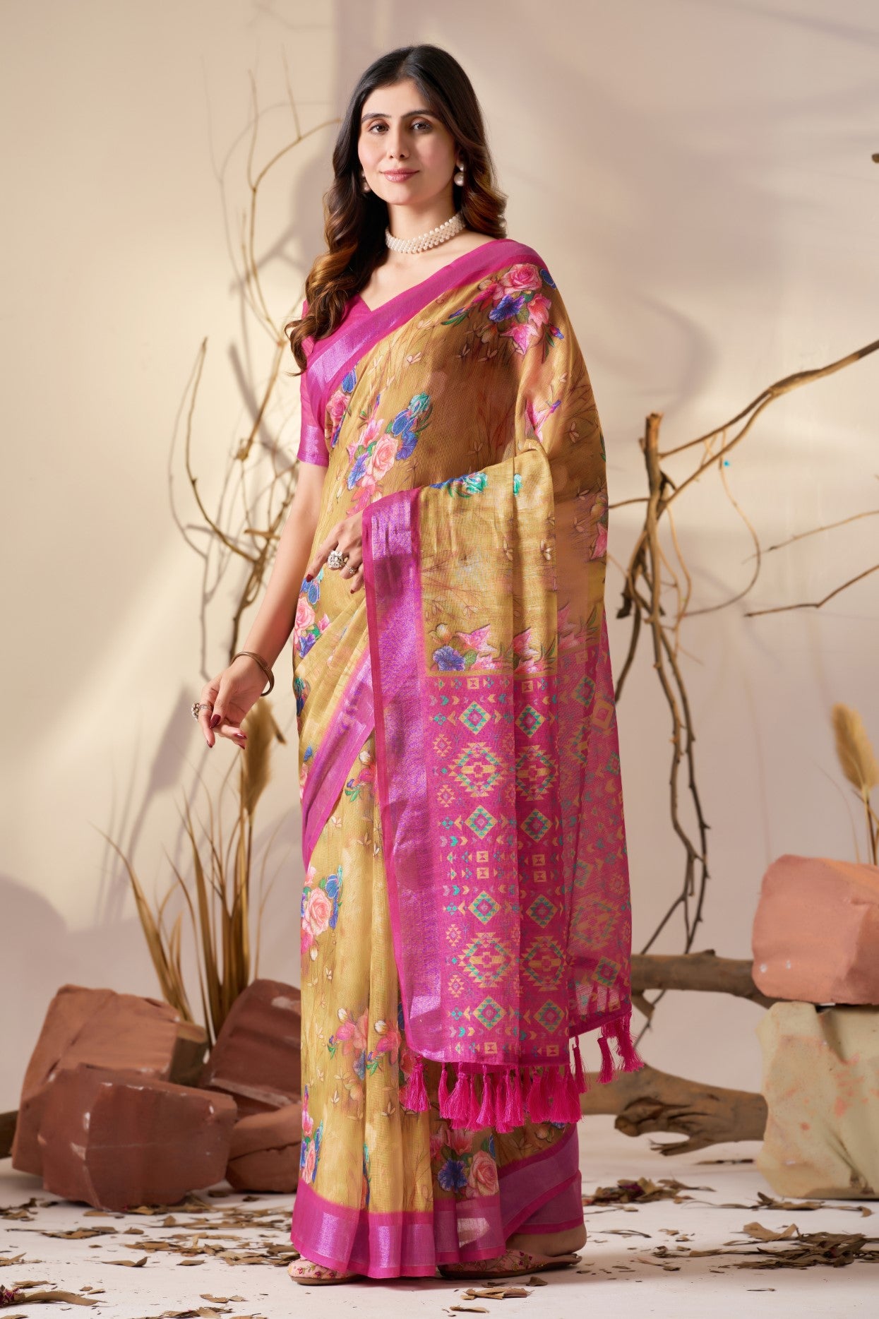 Mustard Linen Cotton Saree with Digital Print