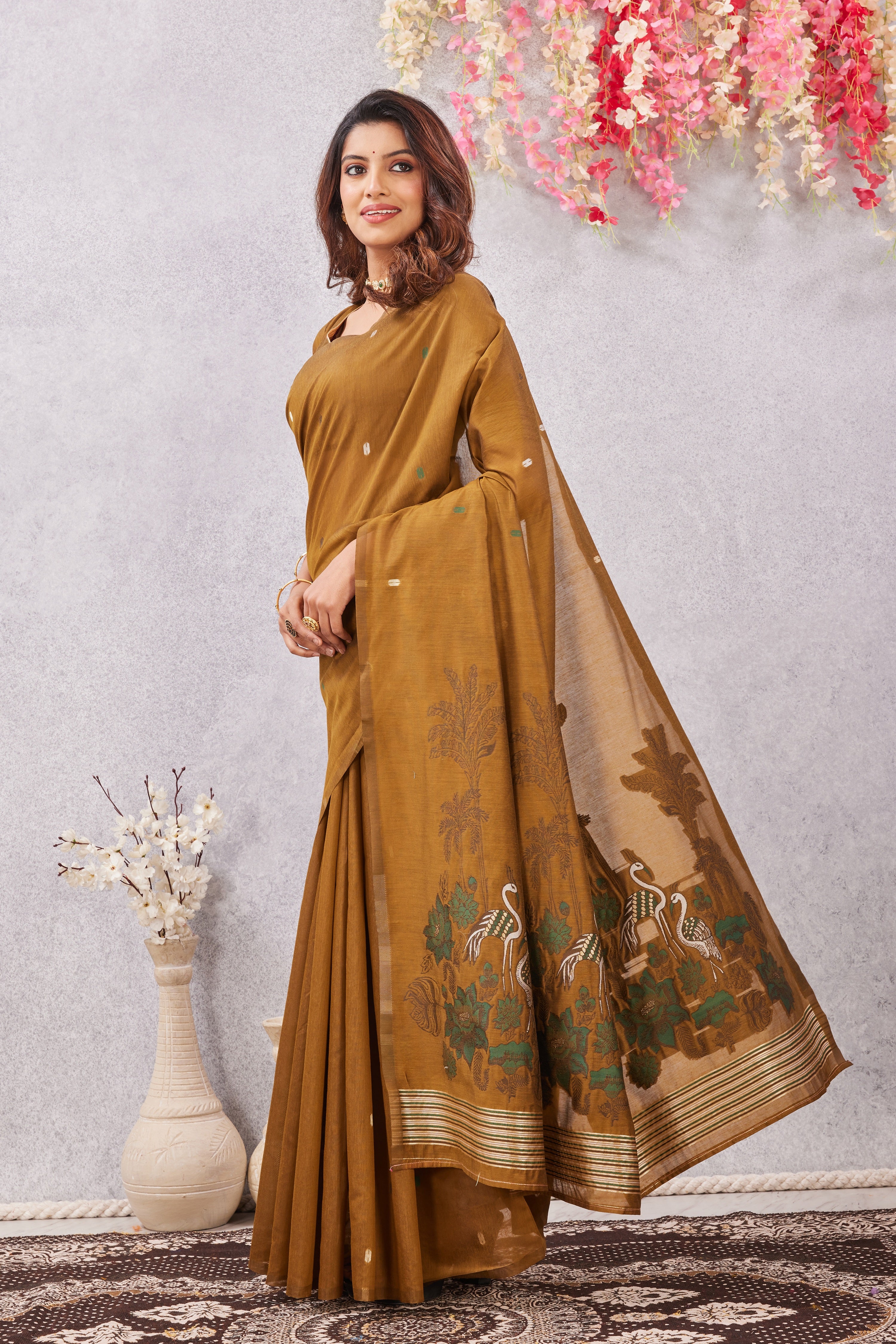 Mustard Linen Cotton Saree with Ethnic Motif Design & Rich Jacquard Pallu