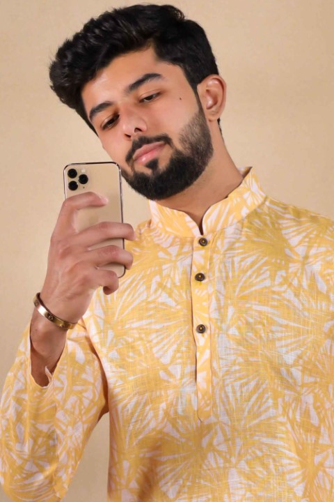 Mustard Linen Digital Printed Graceful Kurta Pajama