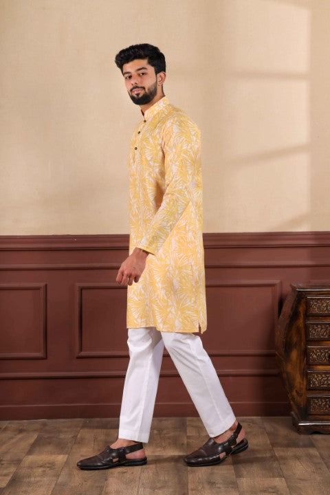 Mustard Linen Digital Printed Graceful Kurta Pajama