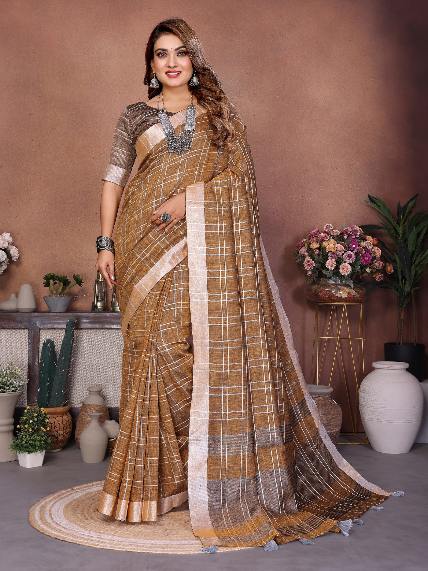 Mustard Linen Saree With Traditional Weaving
