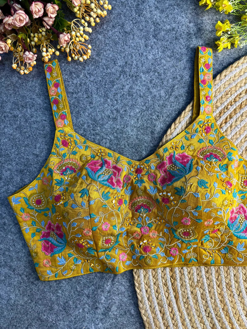 Mustard Luxe Mirror Work Gajji Silk Spaghetti Blouse with Embroidery & Sequins