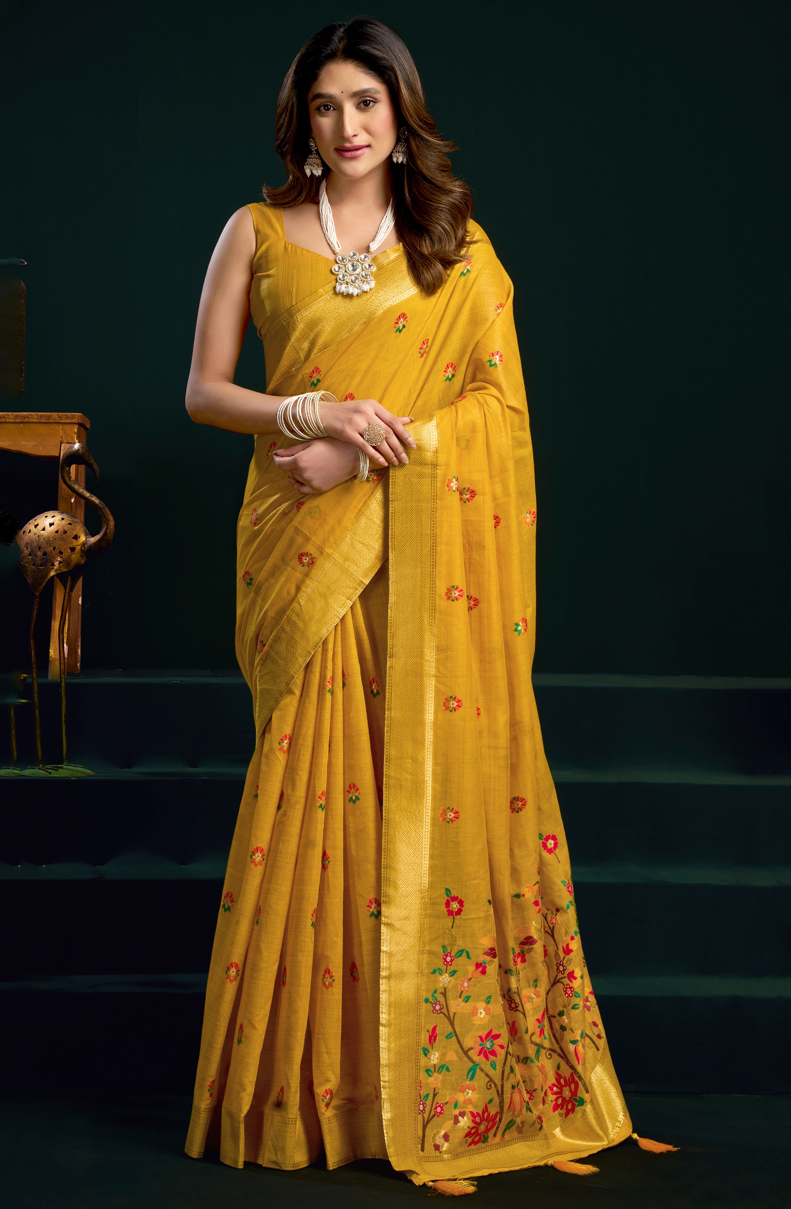 Mustard Munga Cotton Saree with Rich Mina Work & Pom Pom Finish