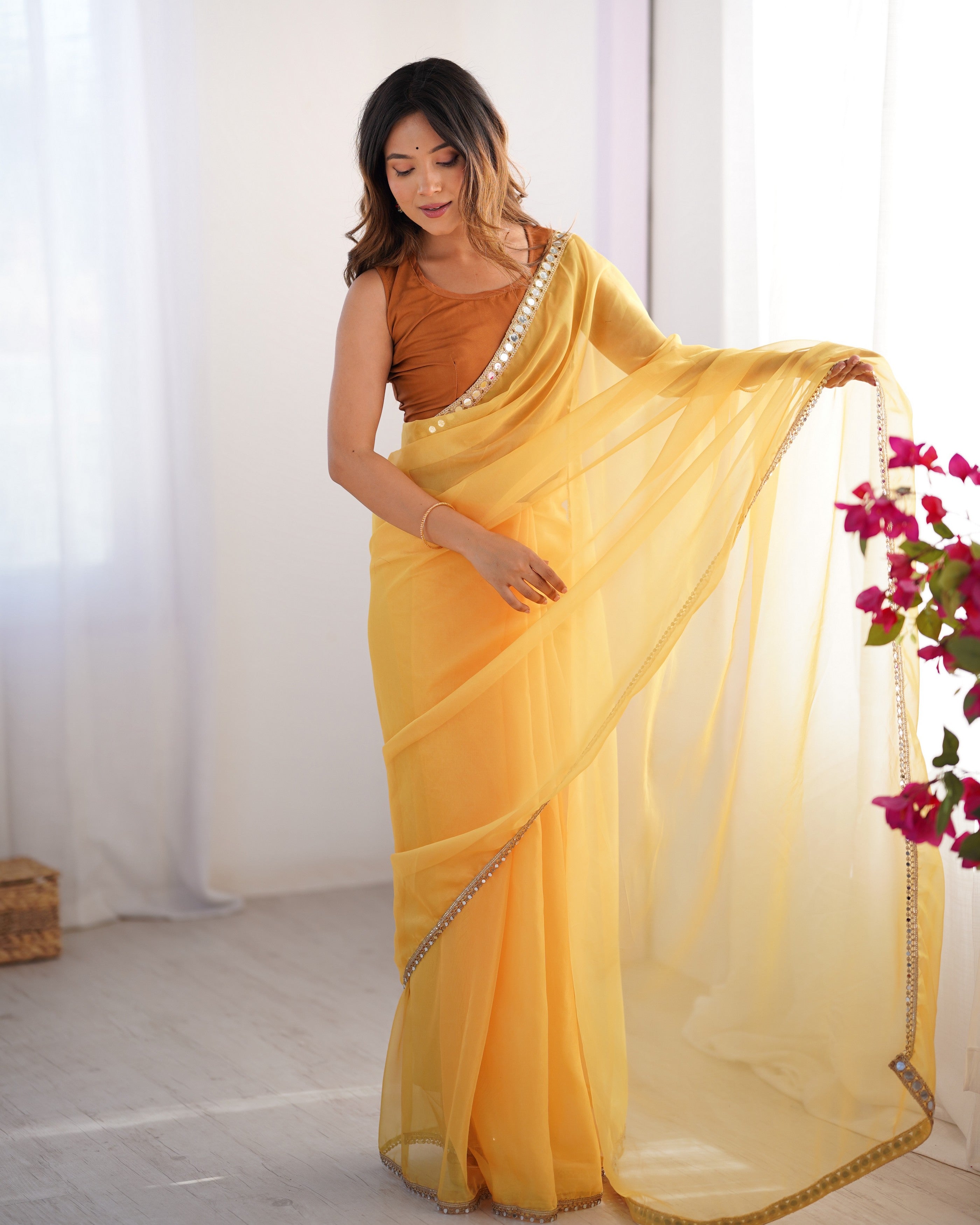 Mustard Organza Embroidery Work Lace Partywear Saree