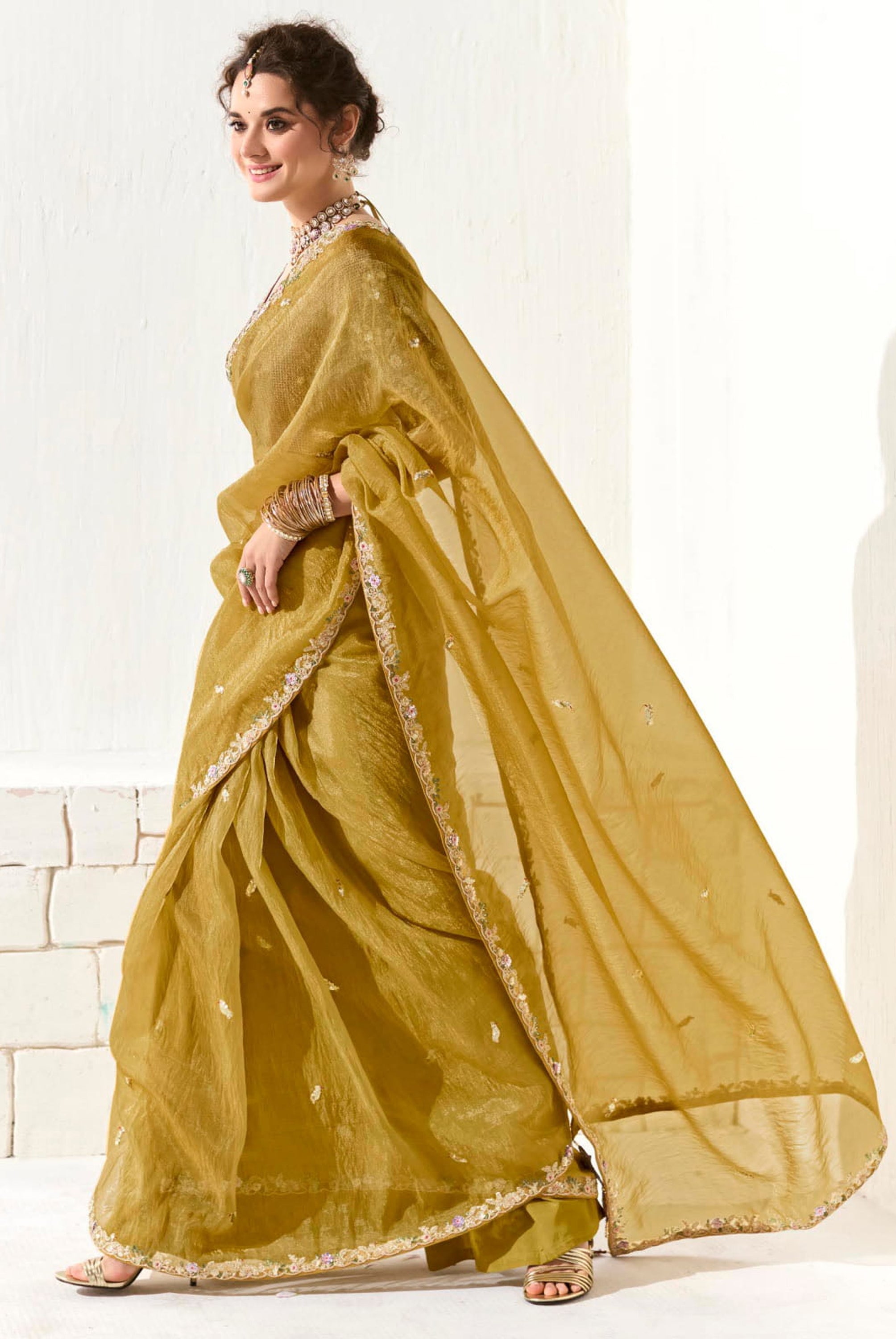 Mustard Organza Tissue Saree With Heavy Embroidery Butta Work With Embroidered Blouse