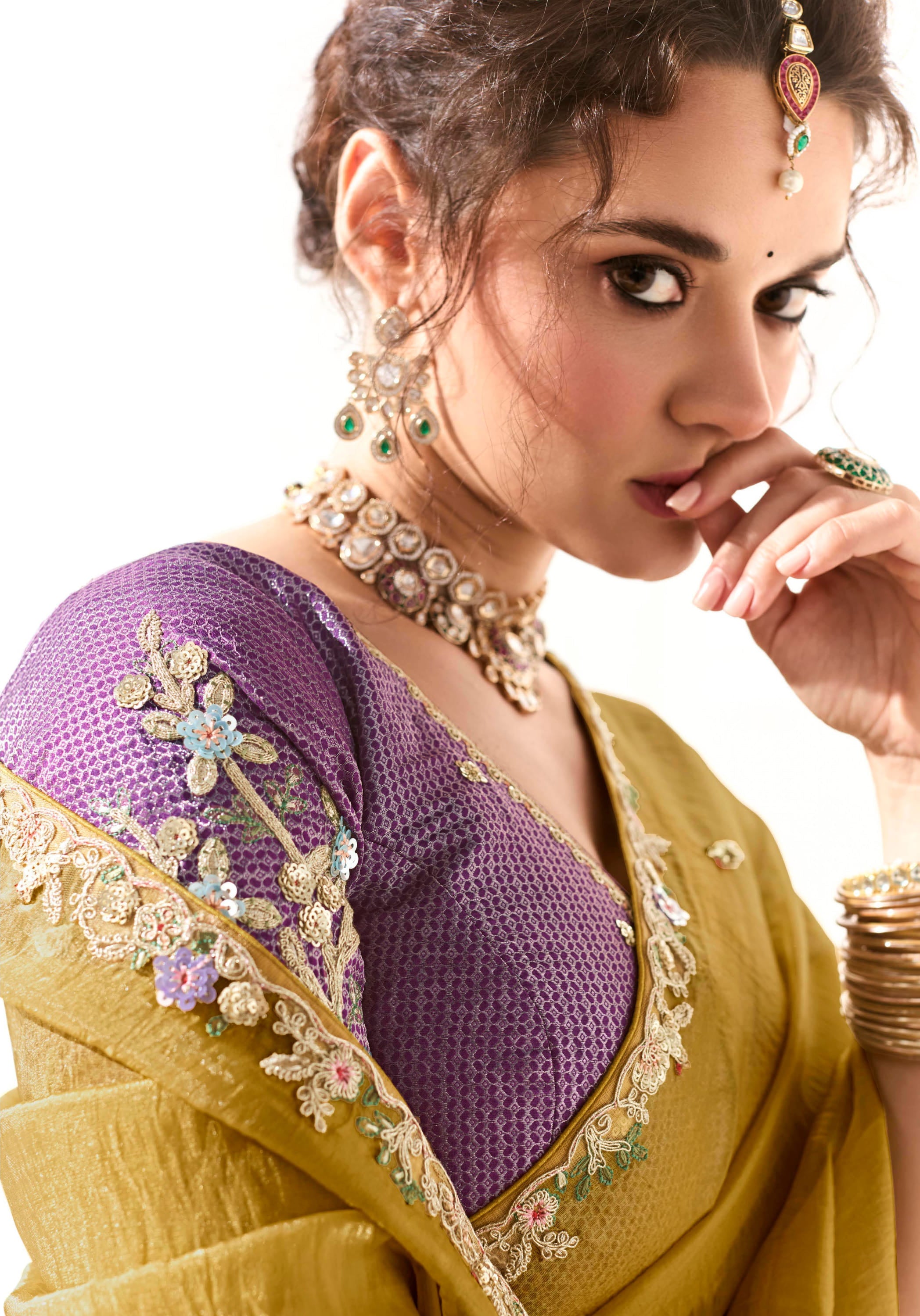 Mustard Organza Tissue Saree With Heavy Embroidery Butta Work With Embroidered Blouse
