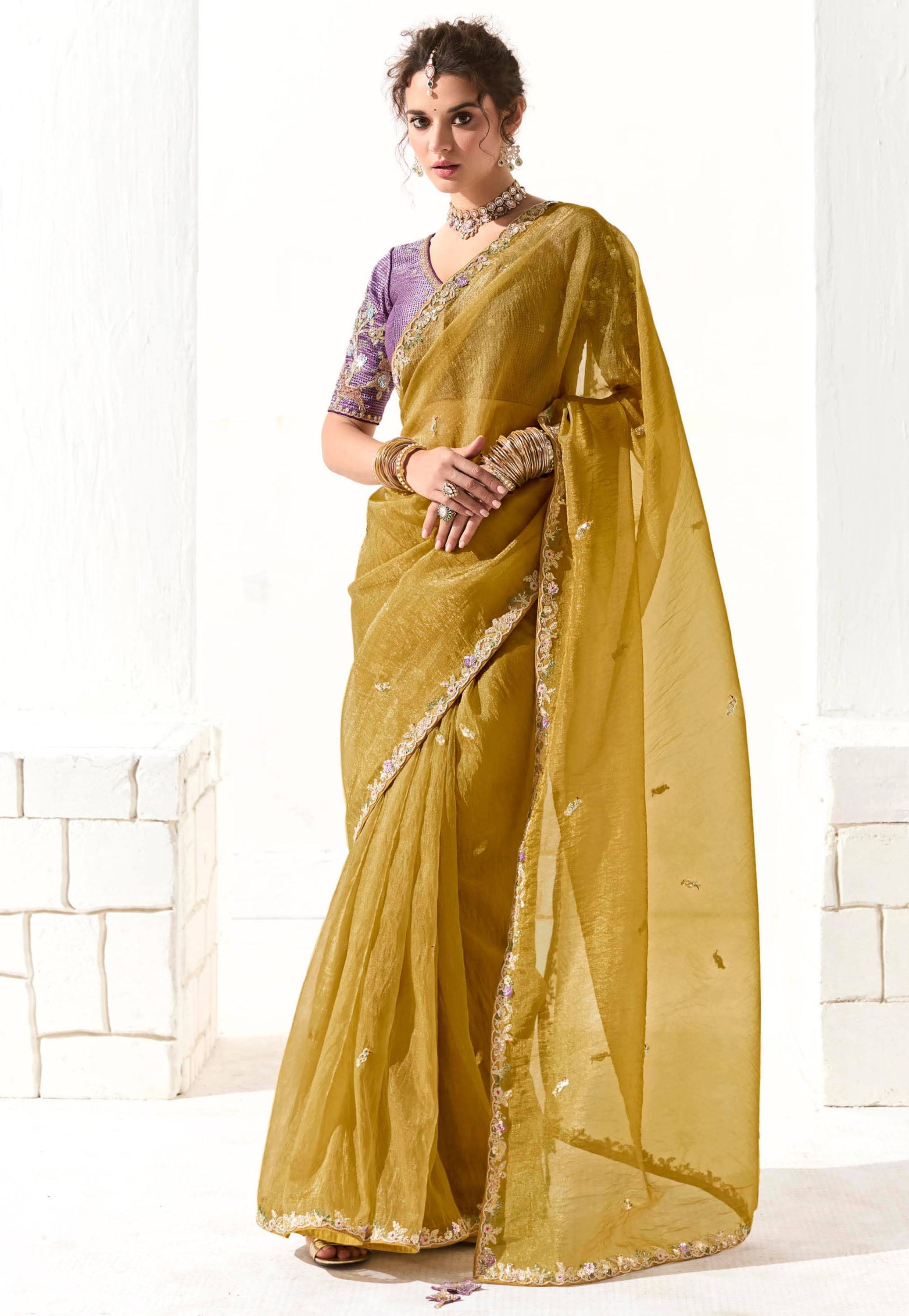 Mustard Organza Tissue Saree With Heavy Embroidery Butta Work With Embroidered Blouse