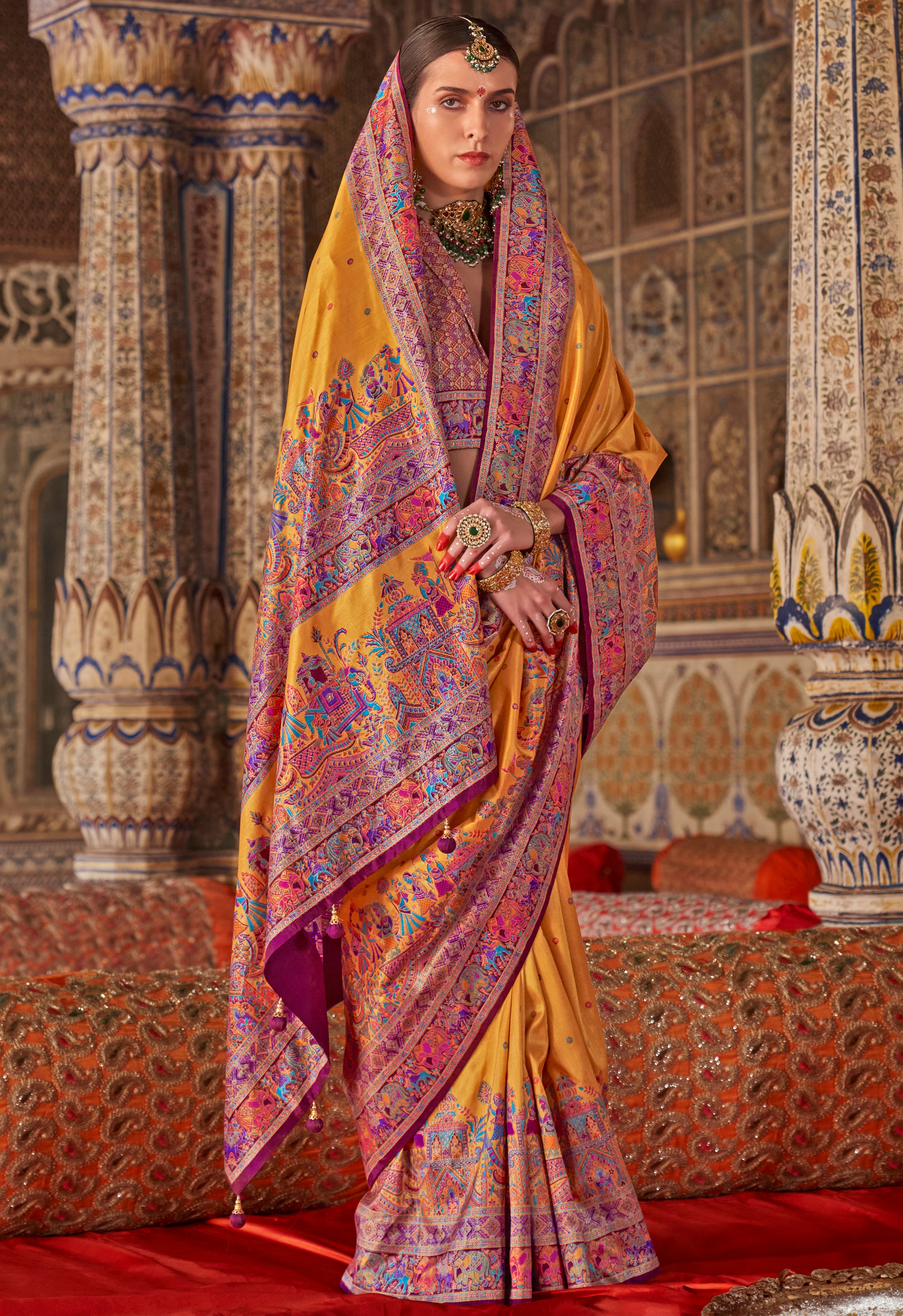 Mustard PV Silk Saree With Luxury Print and Glory Finish