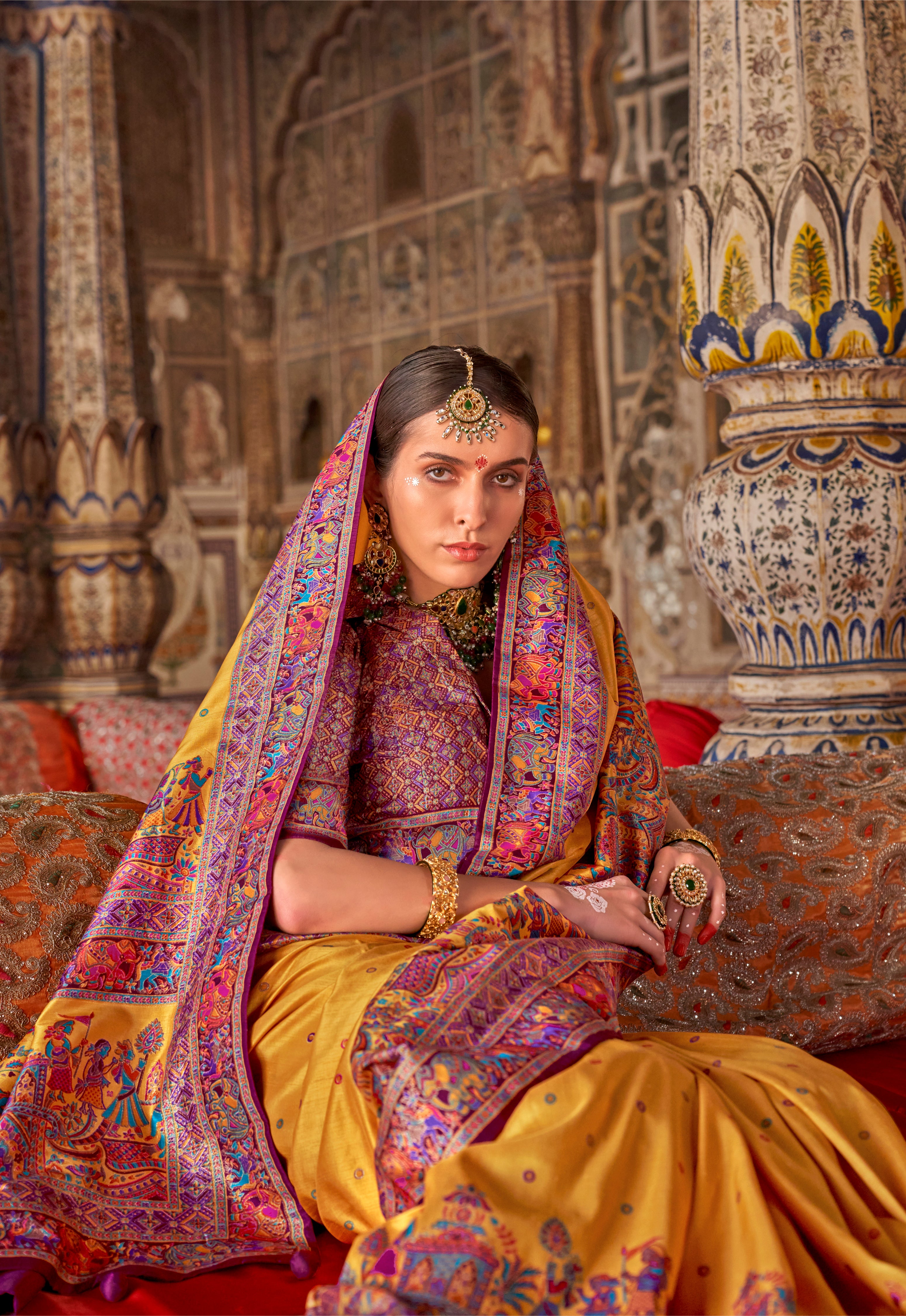 Mustard PV Silk Saree With Luxury Print and Glory Finish