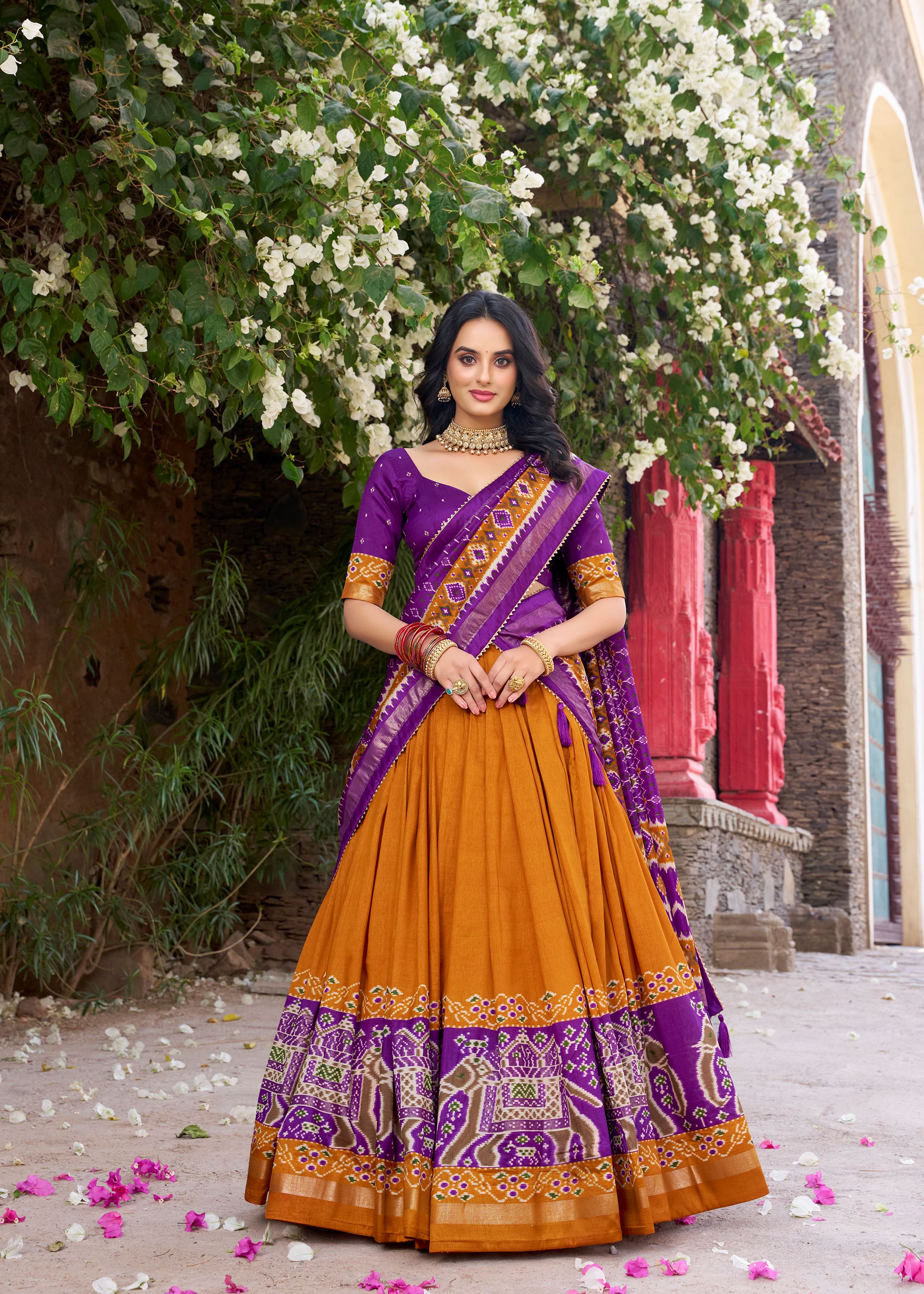 Mustard Perfection Patola Printed Tussar Silk Lehenga with Foil Highlights