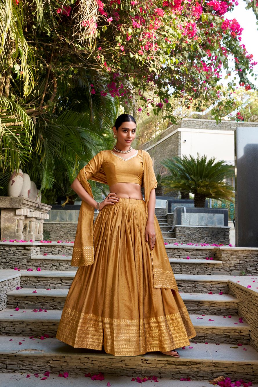 Mustard Plain Chanderi Lehenga with Zari Weaving Finish