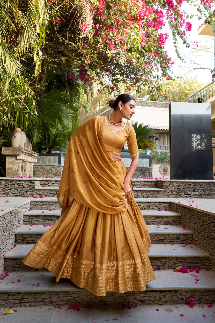 Mustard Plain Chanderi Lehenga with Zari Weaving Finish