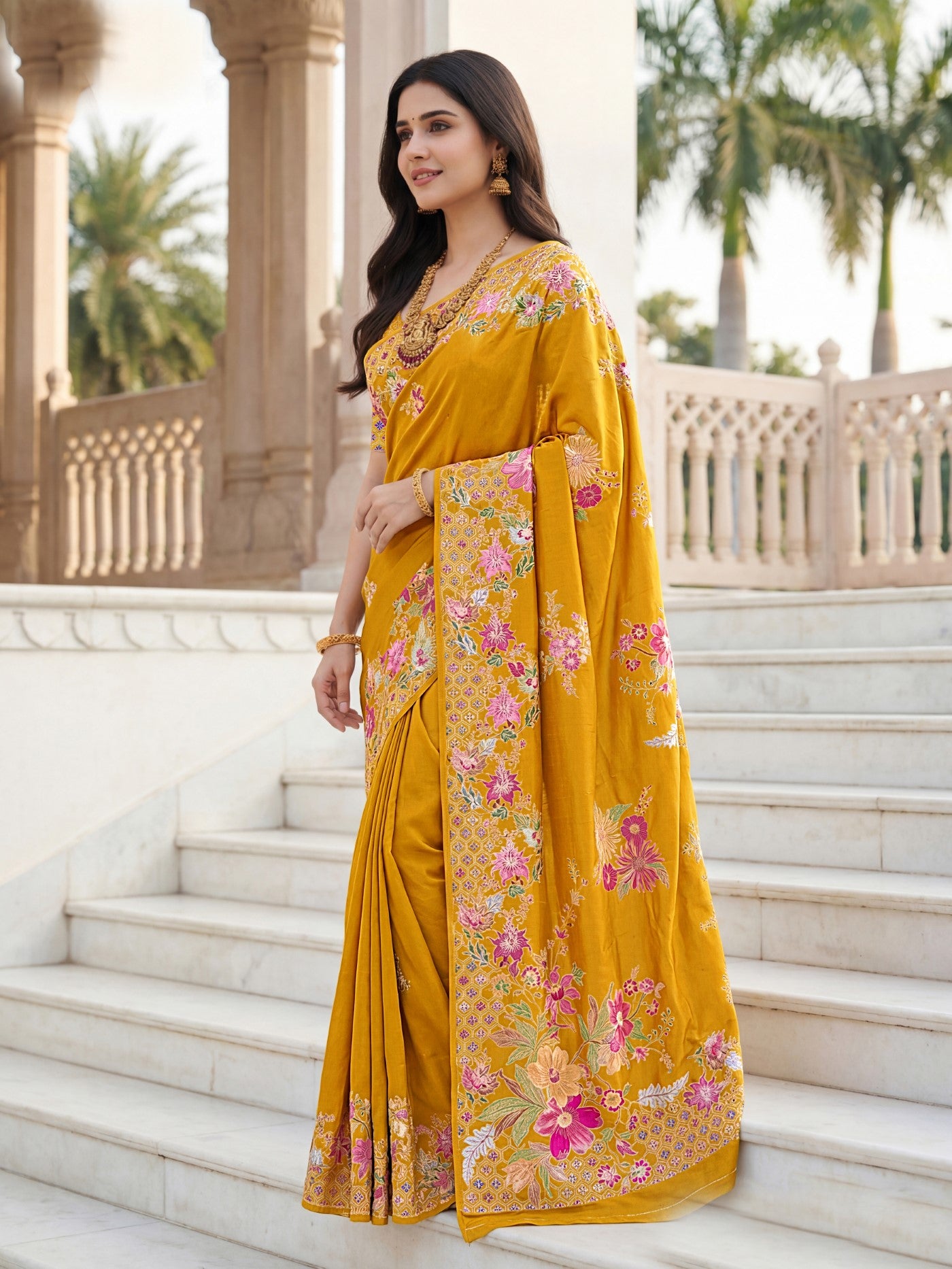 Mustard Premium Russian Silk Saree With Designer Floral Position Print