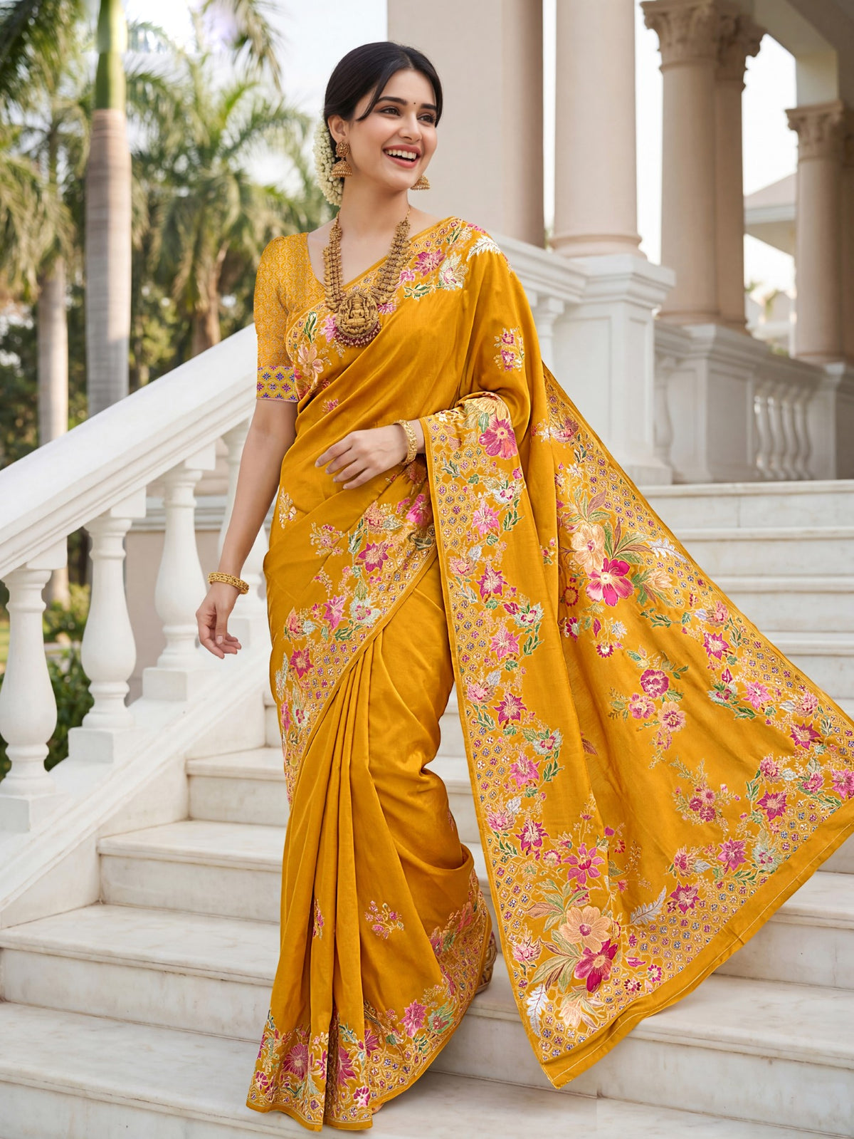Mustard Premium Russian Silk Saree With Designer Floral Position Print